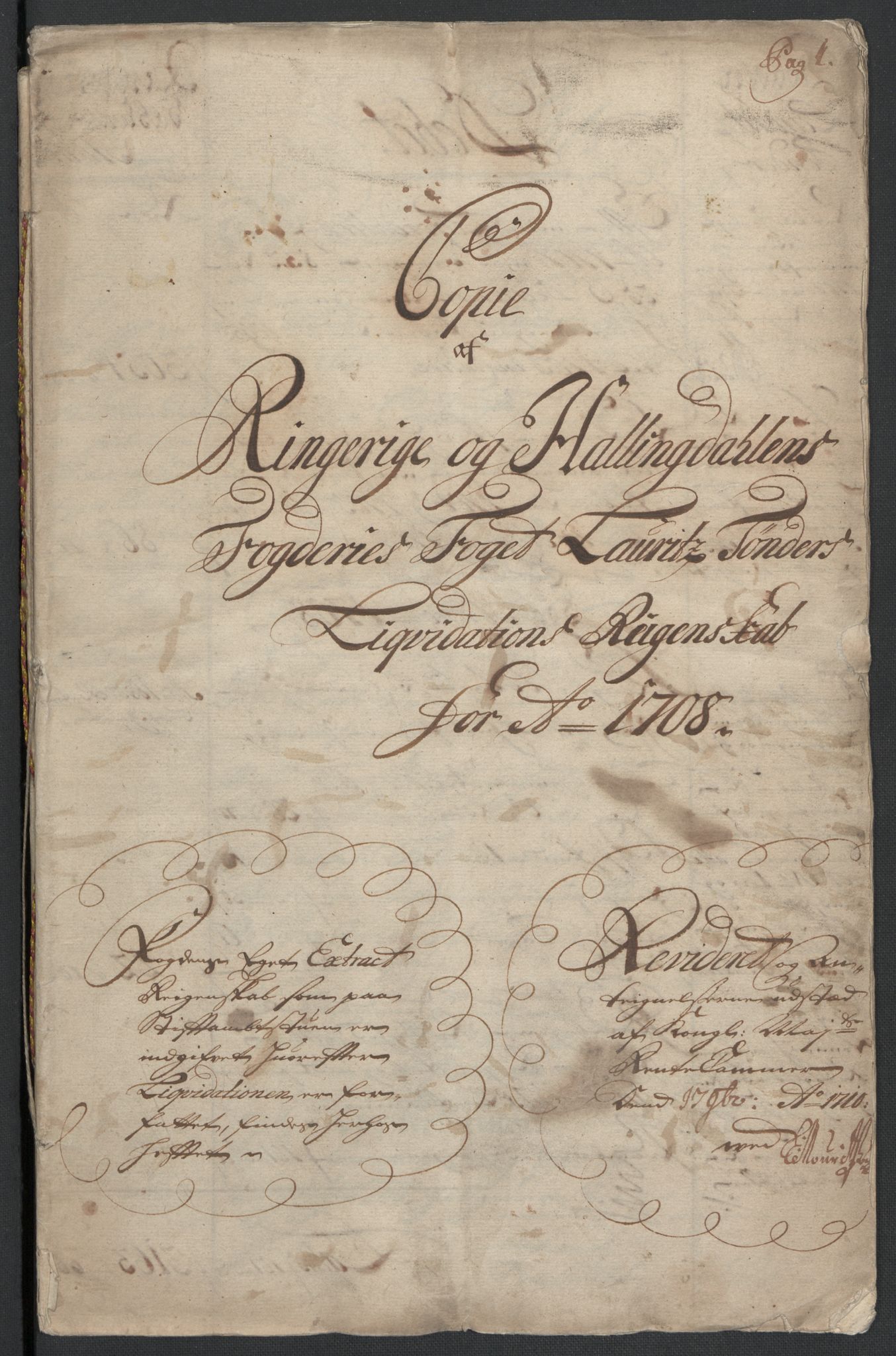 Rentekammeret inntil 1814, Reviderte regnskaper, Fogderegnskap, RA/EA-4092/R22/L1467: Fogderegnskap Ringerike, Hallingdal og Buskerud, 1708, p. 3