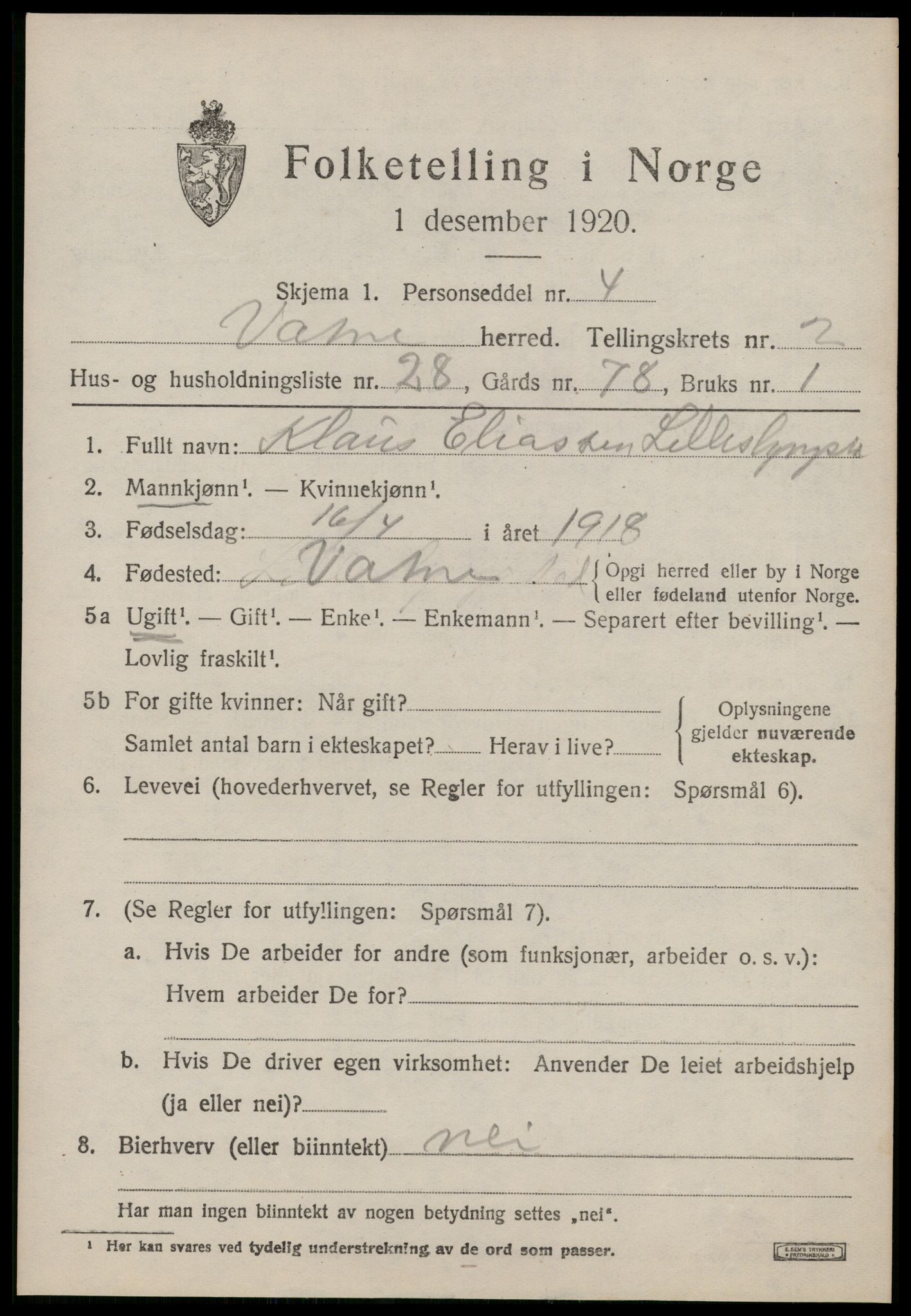 SAT, 1920 census for Vatne, 1920, p. 1392