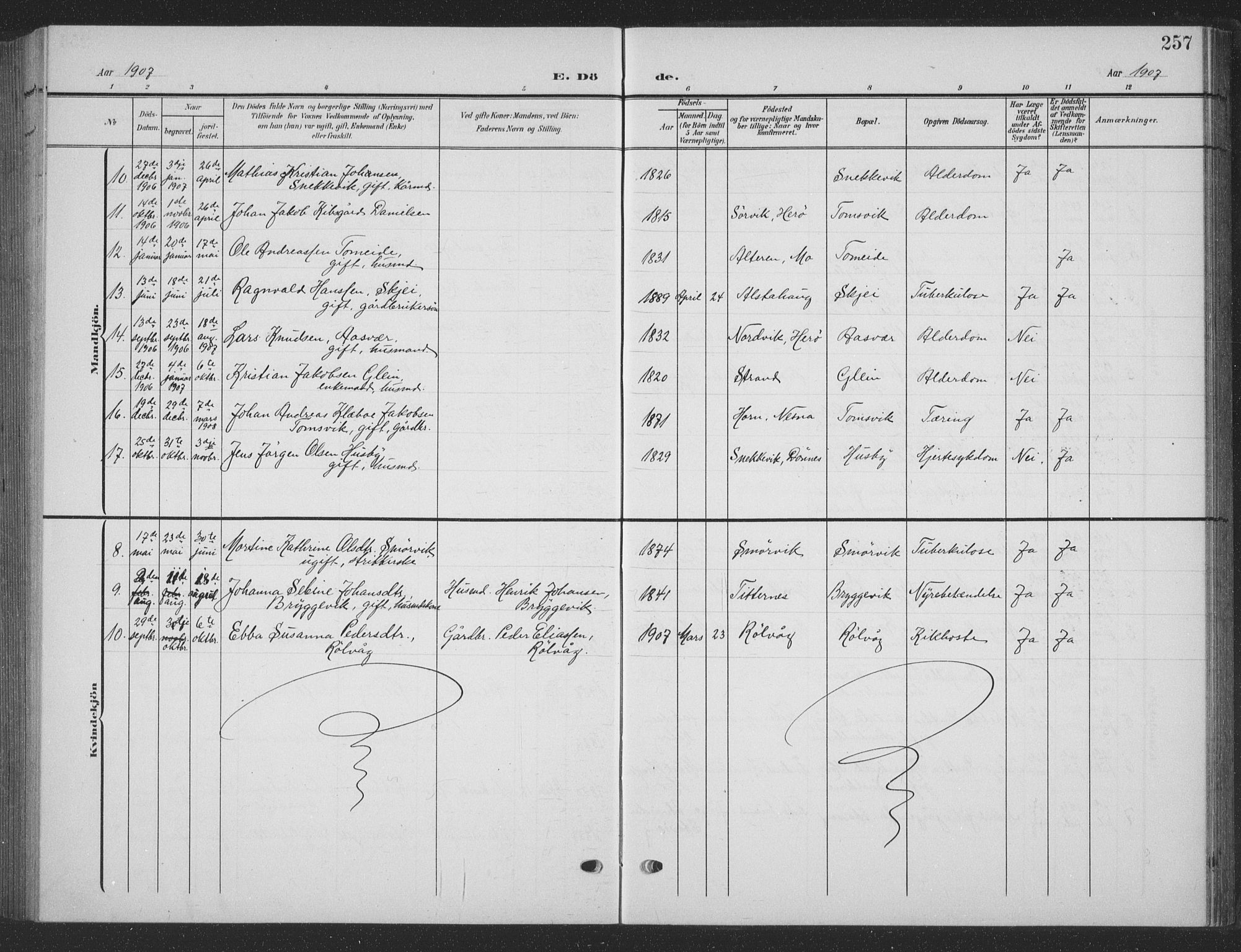 Ministerialprotokoller, klokkerbøker og fødselsregistre - Nordland, AV/SAT-A-1459/835/L0533: Parish register (copy) no. 835C05, 1906-1939, p. 257