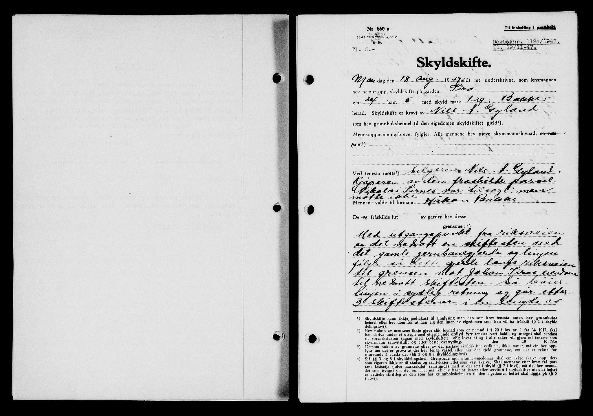 Flekkefjord sorenskriveri, AV/SAK-1221-0001/G/Gb/Gba/L0063: Mortgage book no. A-11, 1947-1948, Diary no: : 1180/1947