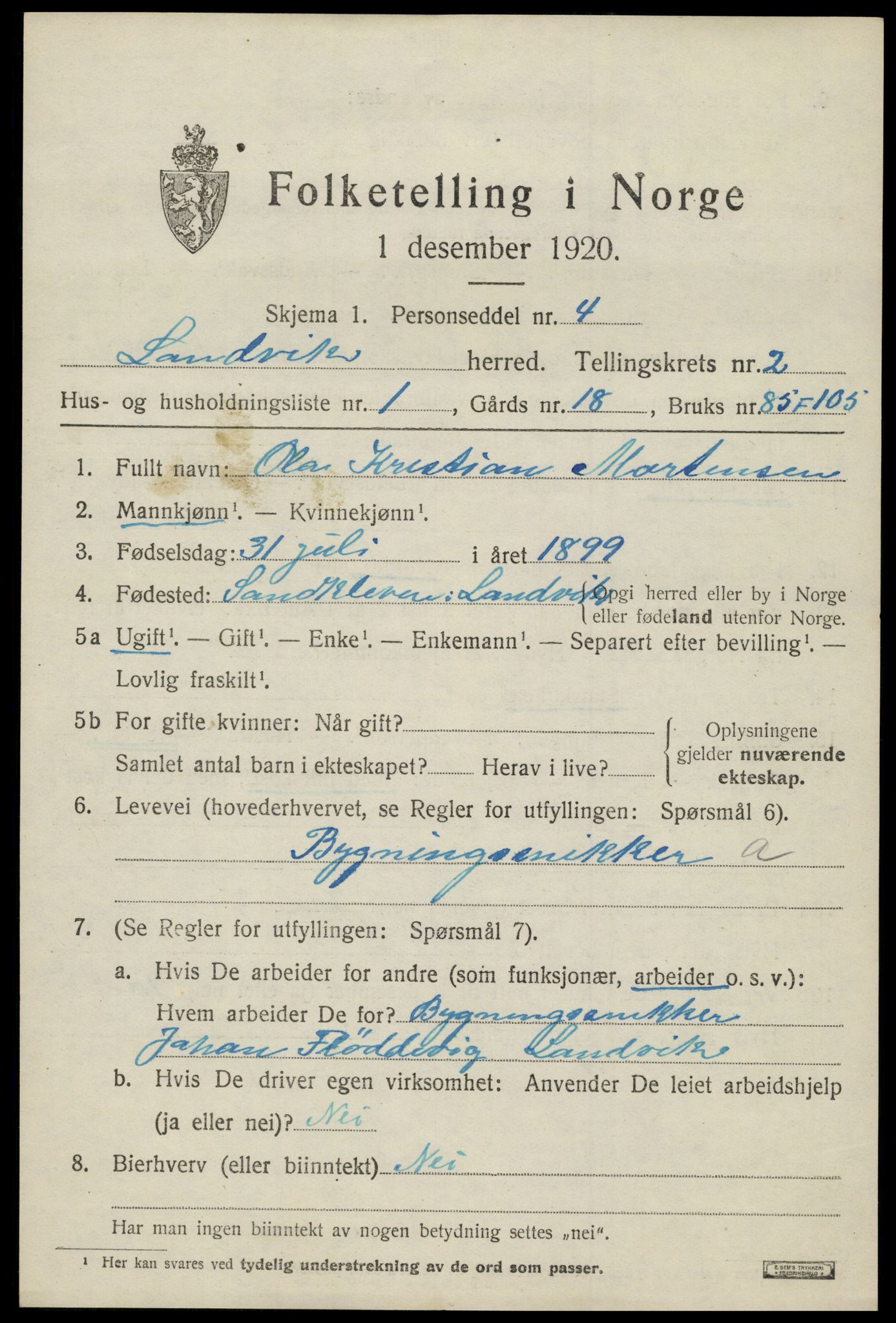 SAK, 1920 census for Landvik, 1920, p. 1778