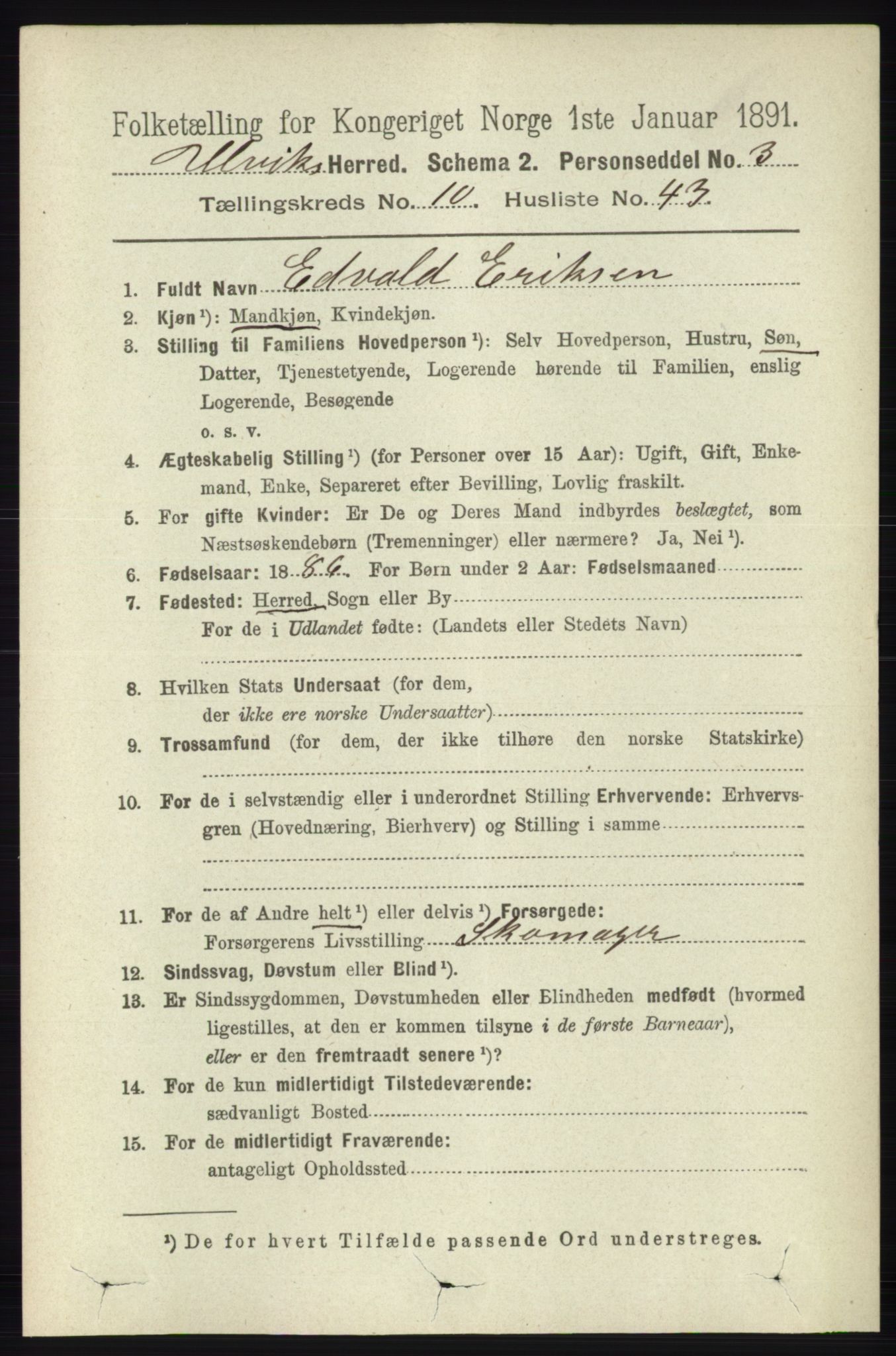 RA, 1891 census for 1233 Ulvik, 1891, p. 3429