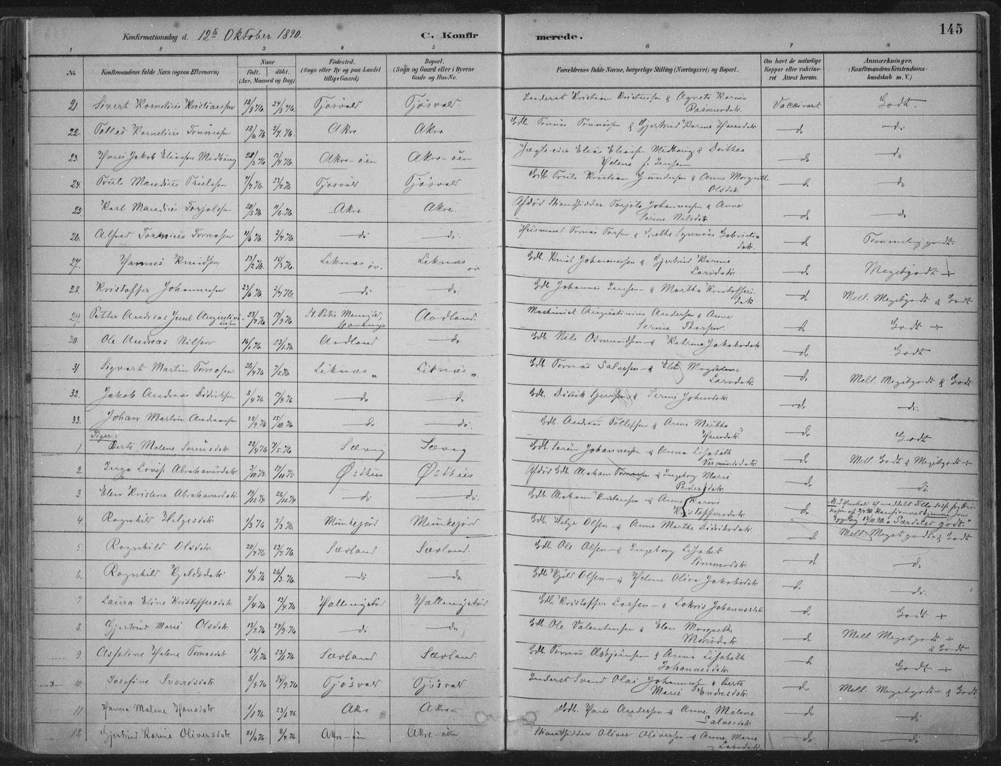 Kopervik sokneprestkontor, AV/SAST-A-101850/H/Ha/Haa/L0004: Parish register (official) no. A 4, 1882-1905, p. 145