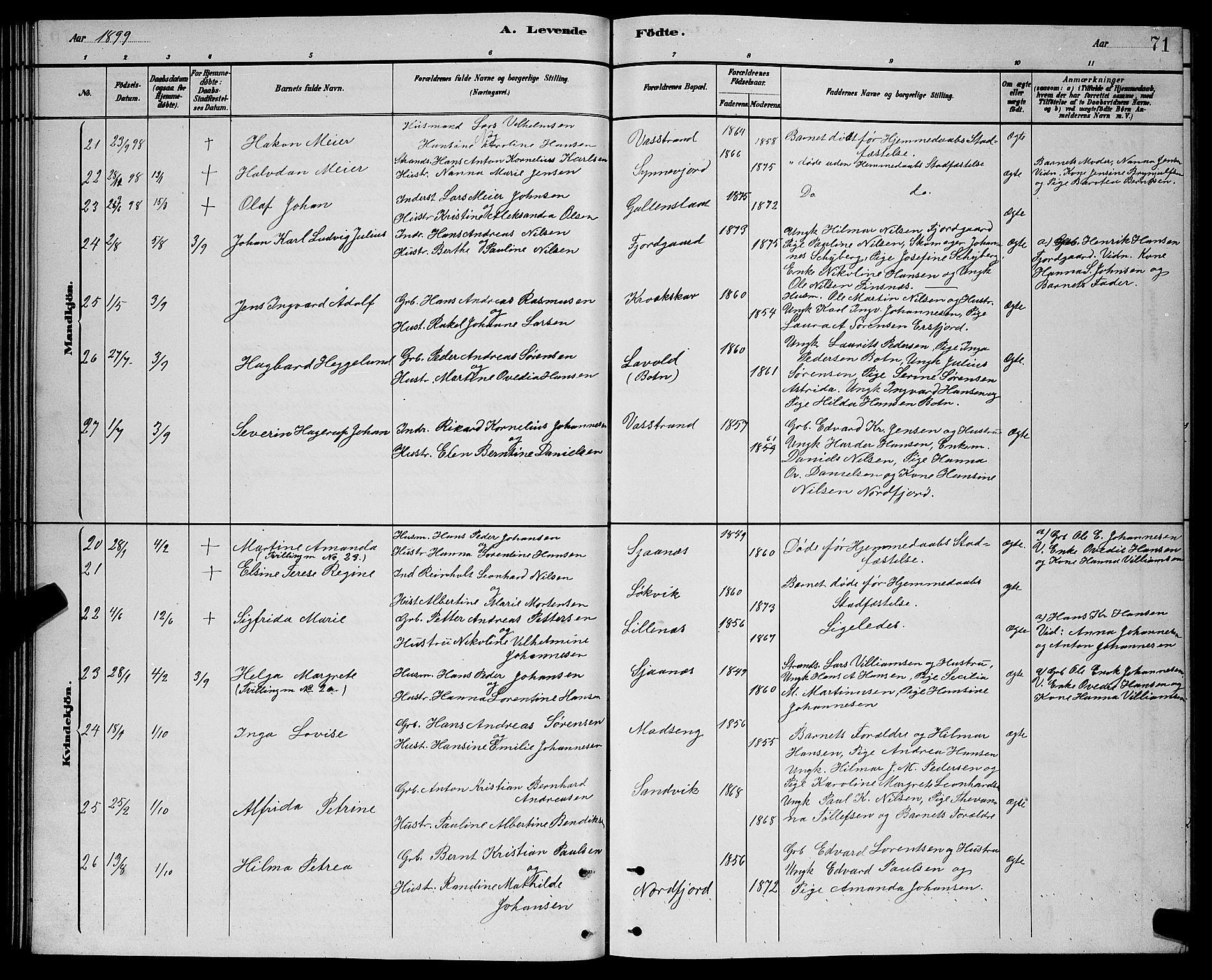 Lenvik sokneprestembete, SATØ/S-1310/H/Ha/Hab/L0021klokker: Parish register (copy) no. 21, 1884-1900, p. 71