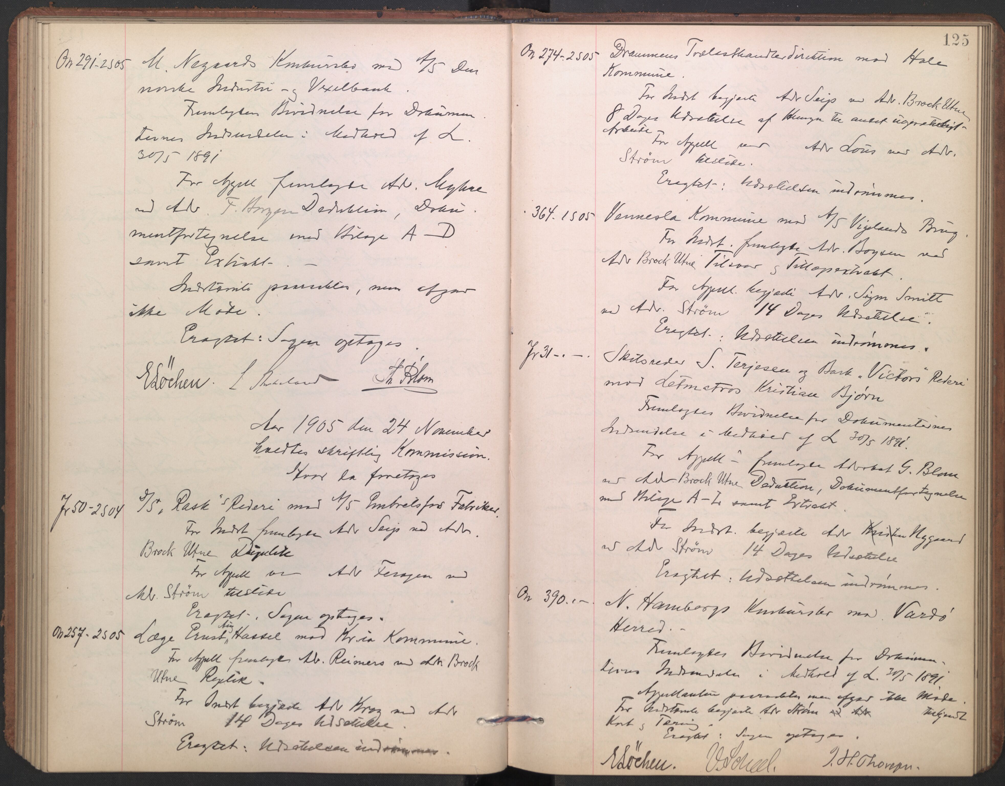 Høyesterett, AV/RA-S-1002/E/Ef/L0021: Protokoll over saker som gikk til skriftlig behandling, 1904-1907, p. 124b-125a