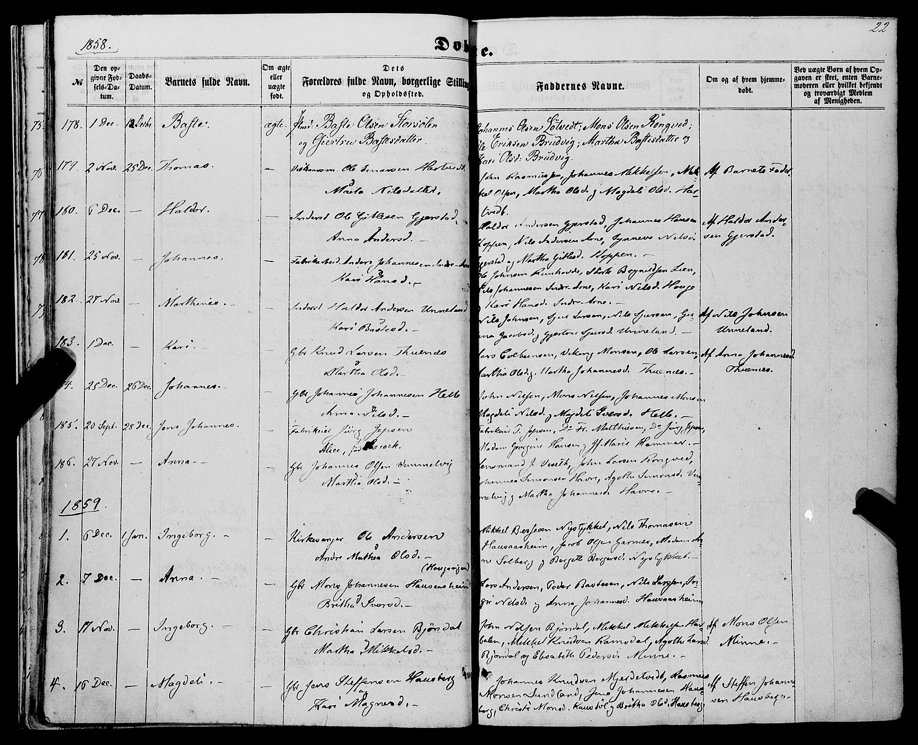 Haus sokneprestembete, AV/SAB-A-75601/H/Haa: Parish register (official) no. A 17, 1858-1870, p. 22