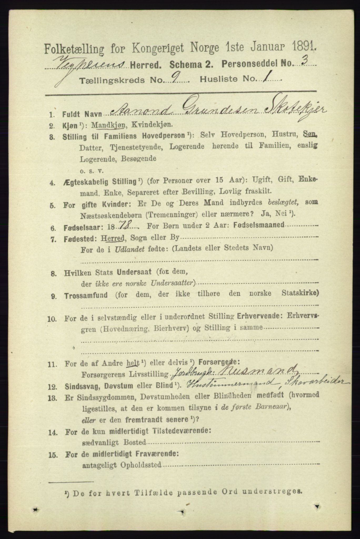 RA, 1891 census for 0912 Vegårshei, 1891, p. 1736