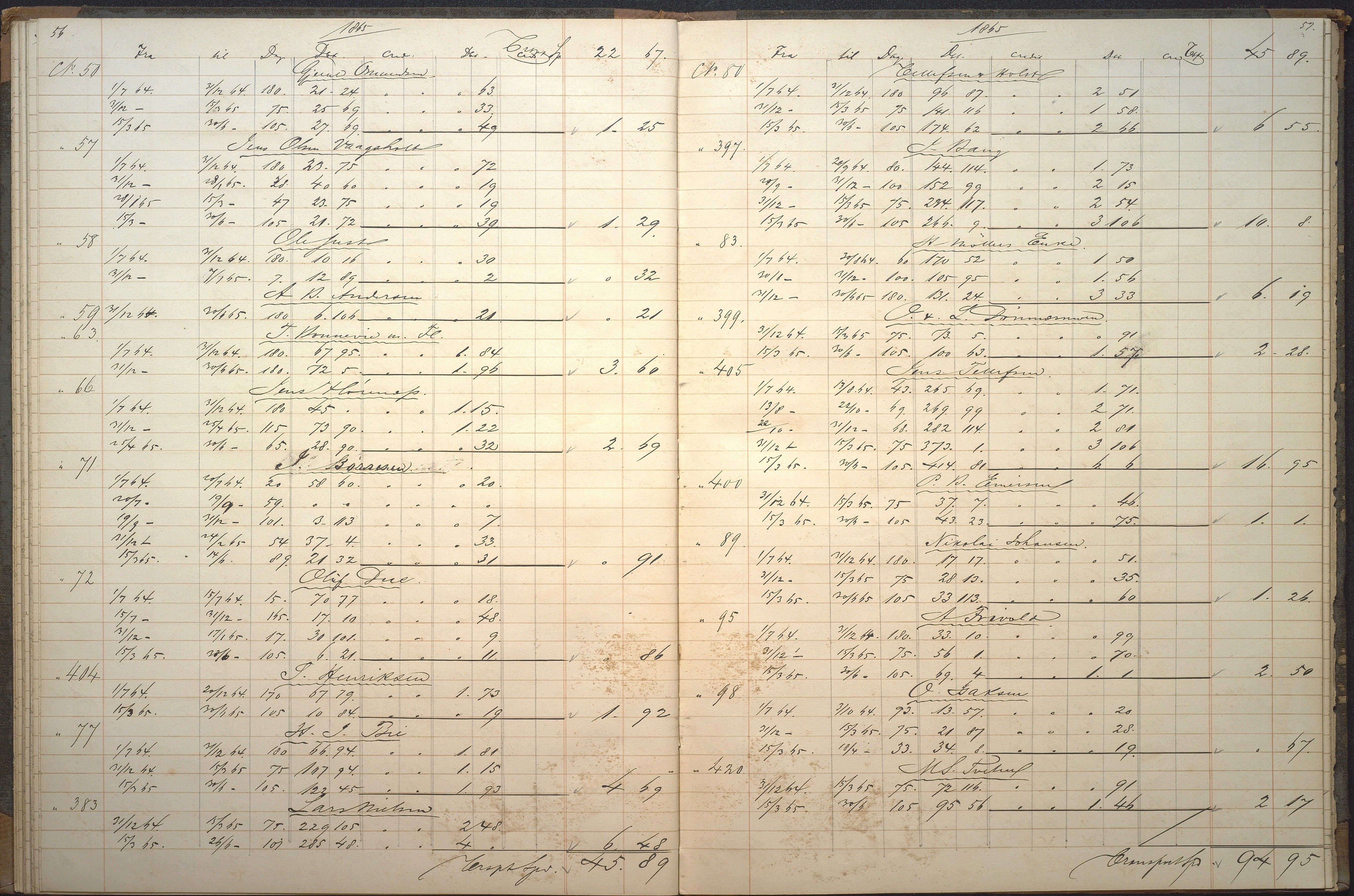 Agders Gjensidige Assuranceforening, AAKS/PA-1718/05/L0006: Renteprotokoll, seilavdeling, 1861-1867, p. 56-57