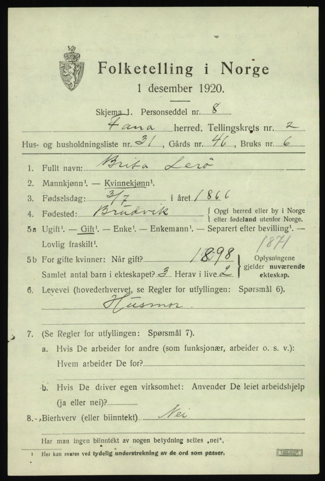 SAB, 1920 census for Fana, 1920, p. 4843