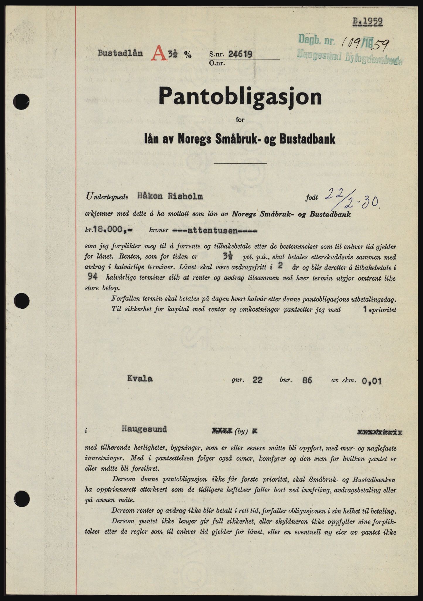 Haugesund tingrett, SAST/A-101415/01/II/IIC/L0044: Mortgage book no. B 44, 1958-1959, Diary no: : 109/1959