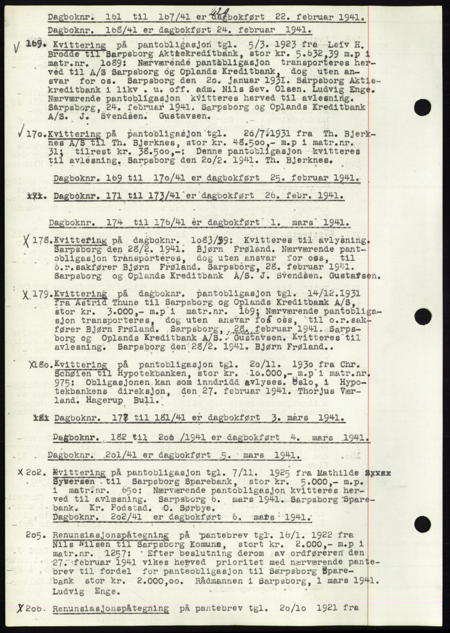 Sarpsborg byfogd, SAO/A-10864/G/Ga/Gae/L0001: Mortgage book no. C1, 1943-1951, Deed date: 22.02.1941