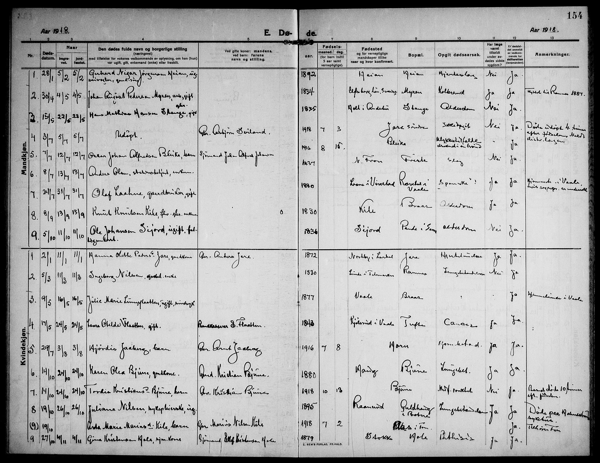Ramnes kirkebøker, SAKO/A-314/F/Fa/L0009: Parish register (official) no. I 9, 1912-1929, p. 154