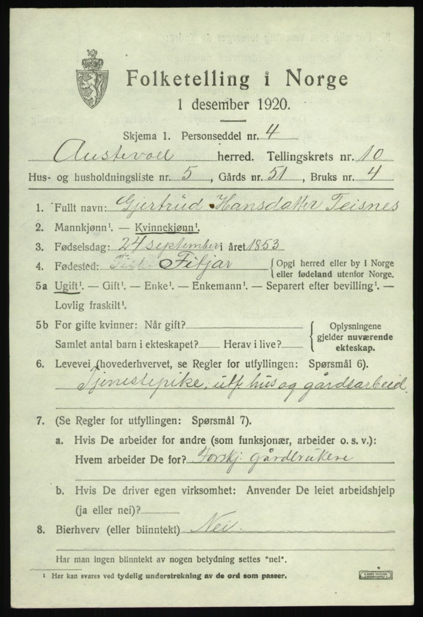 SAB, 1920 census for Austevoll, 1920, p. 5640