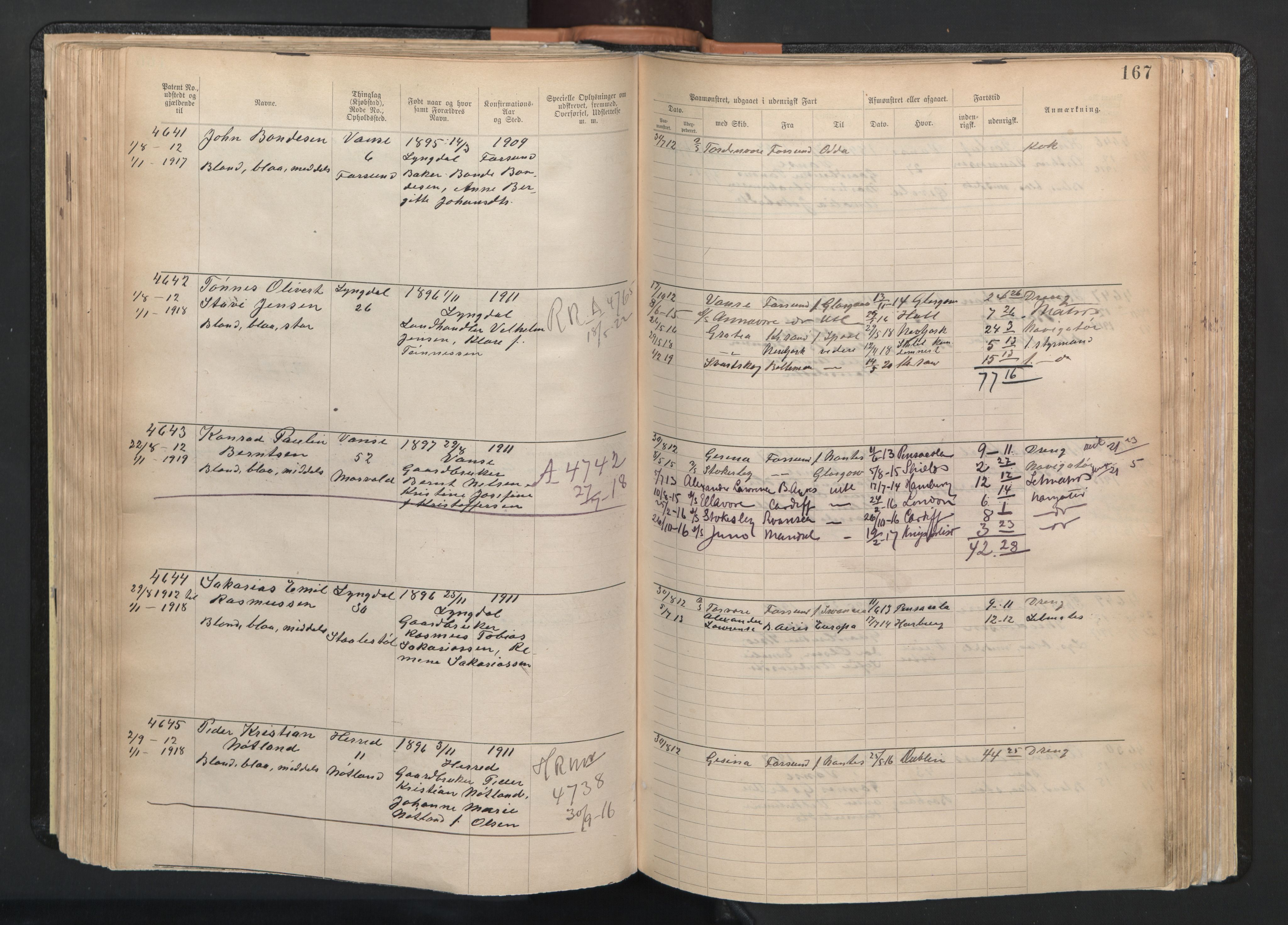 Farsund mønstringskrets, AV/SAK-2031-0017/F/Fa/L0003: Annotasjonsrulle nr 3816-5304 med register, M-3, 1894-1948, p. 198