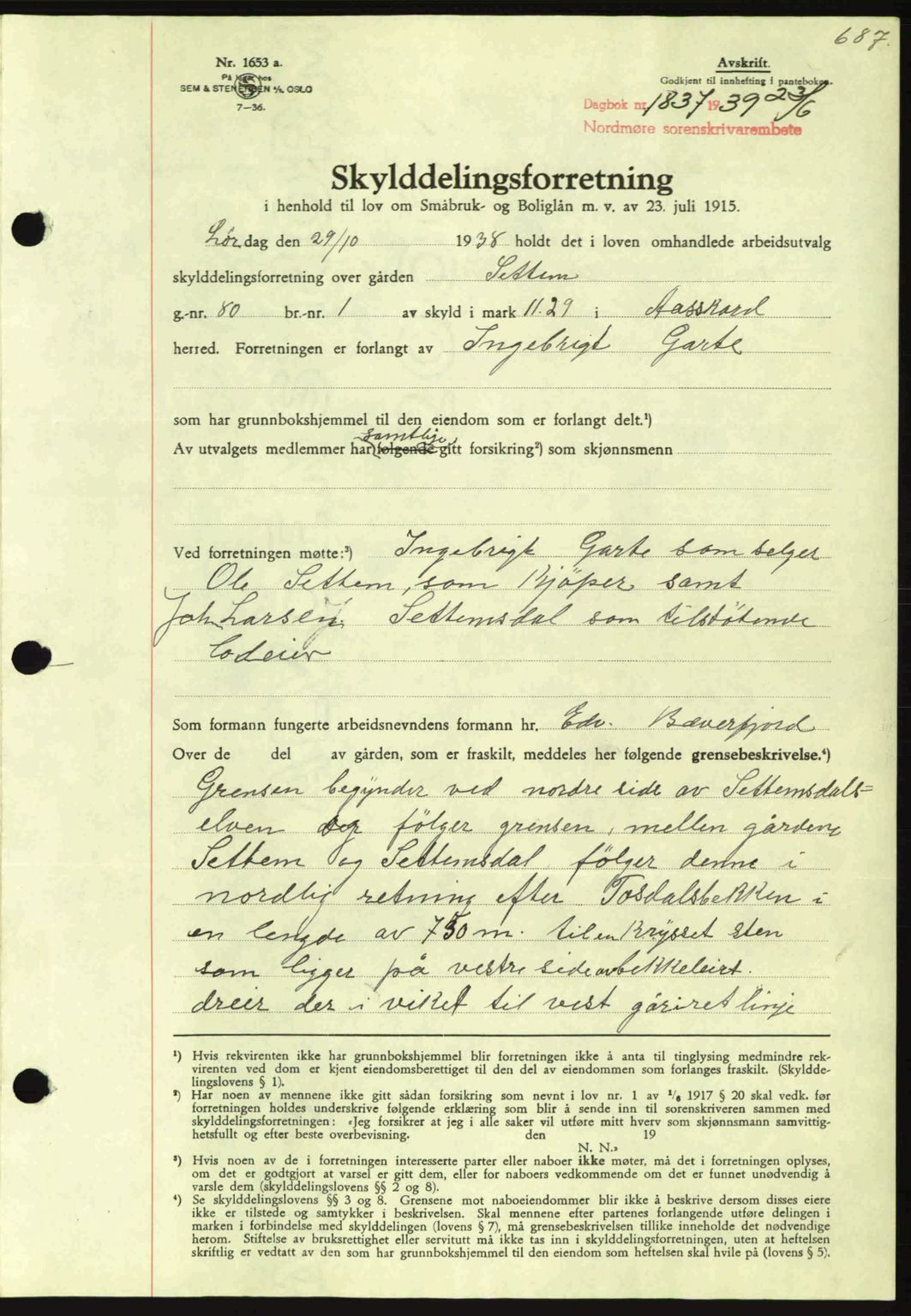 Nordmøre sorenskriveri, AV/SAT-A-4132/1/2/2Ca: Mortgage book no. A86, 1939-1939, Diary no: : 1837/1939