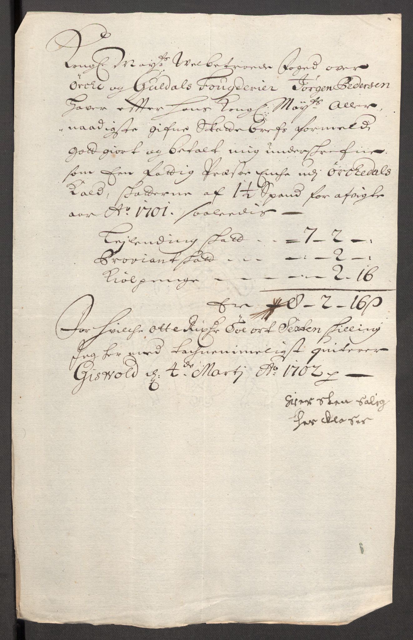Rentekammeret inntil 1814, Reviderte regnskaper, Fogderegnskap, RA/EA-4092/R60/L3951: Fogderegnskap Orkdal og Gauldal, 1701, p. 154