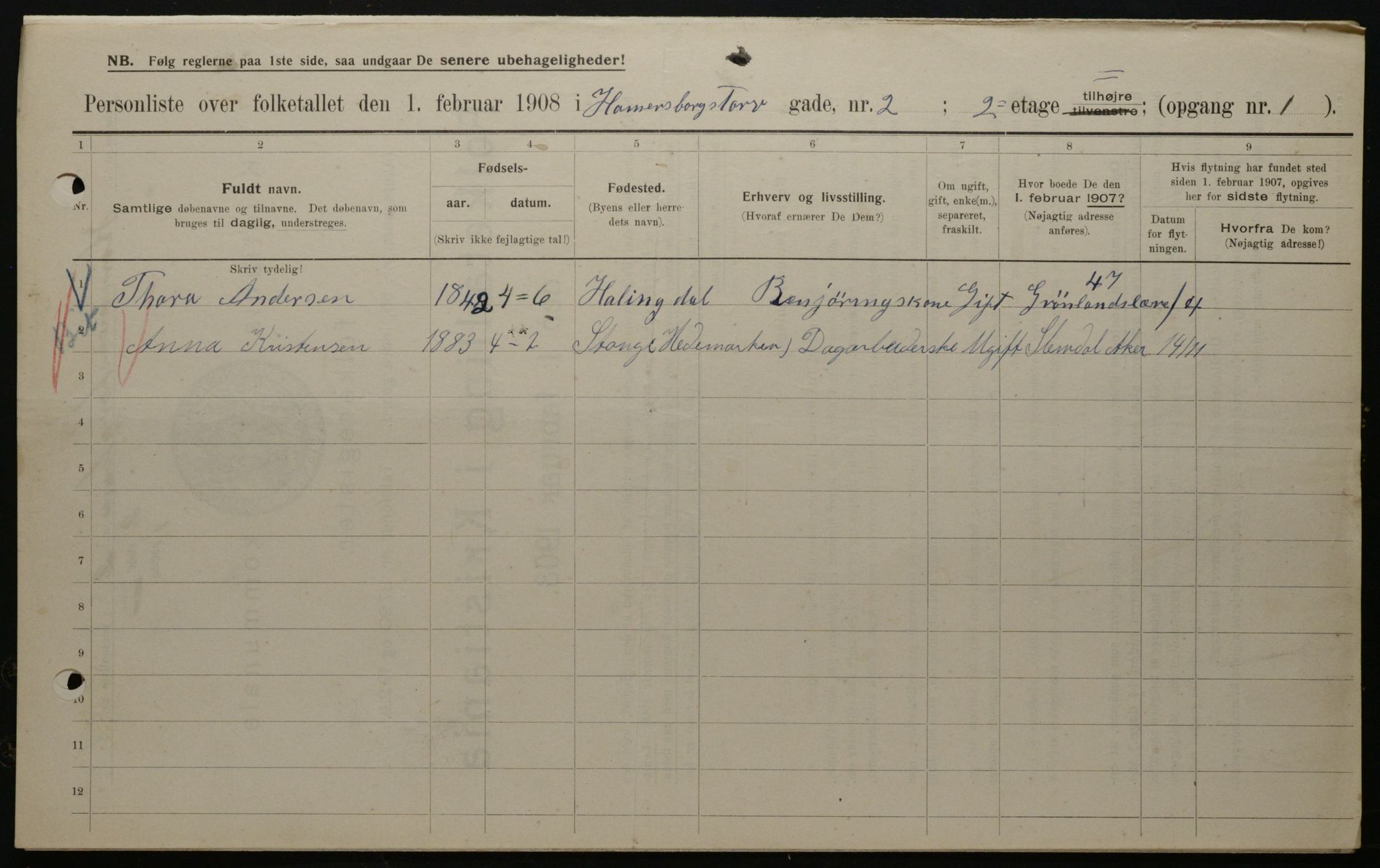 OBA, Municipal Census 1908 for Kristiania, 1908, p. 31007