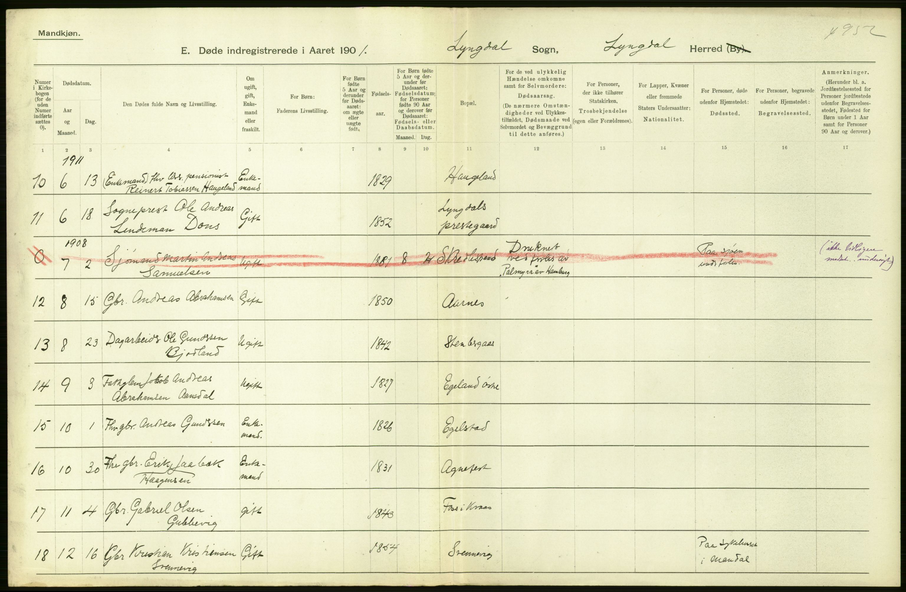 Statistisk sentralbyrå, Sosiodemografiske emner, Befolkning, AV/RA-S-2228/D/Df/Dfb/Dfba/L0024: Lister og Mandals amt:  Gifte, døde, dødfødte. Bygder og byer., 1911, p. 164