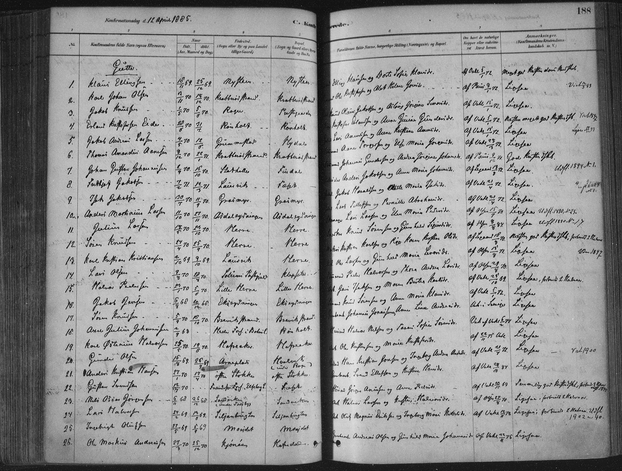 Bamble kirkebøker, SAKO/A-253/F/Fa/L0007: Parish register (official) no. I 7, 1878-1888, p. 188