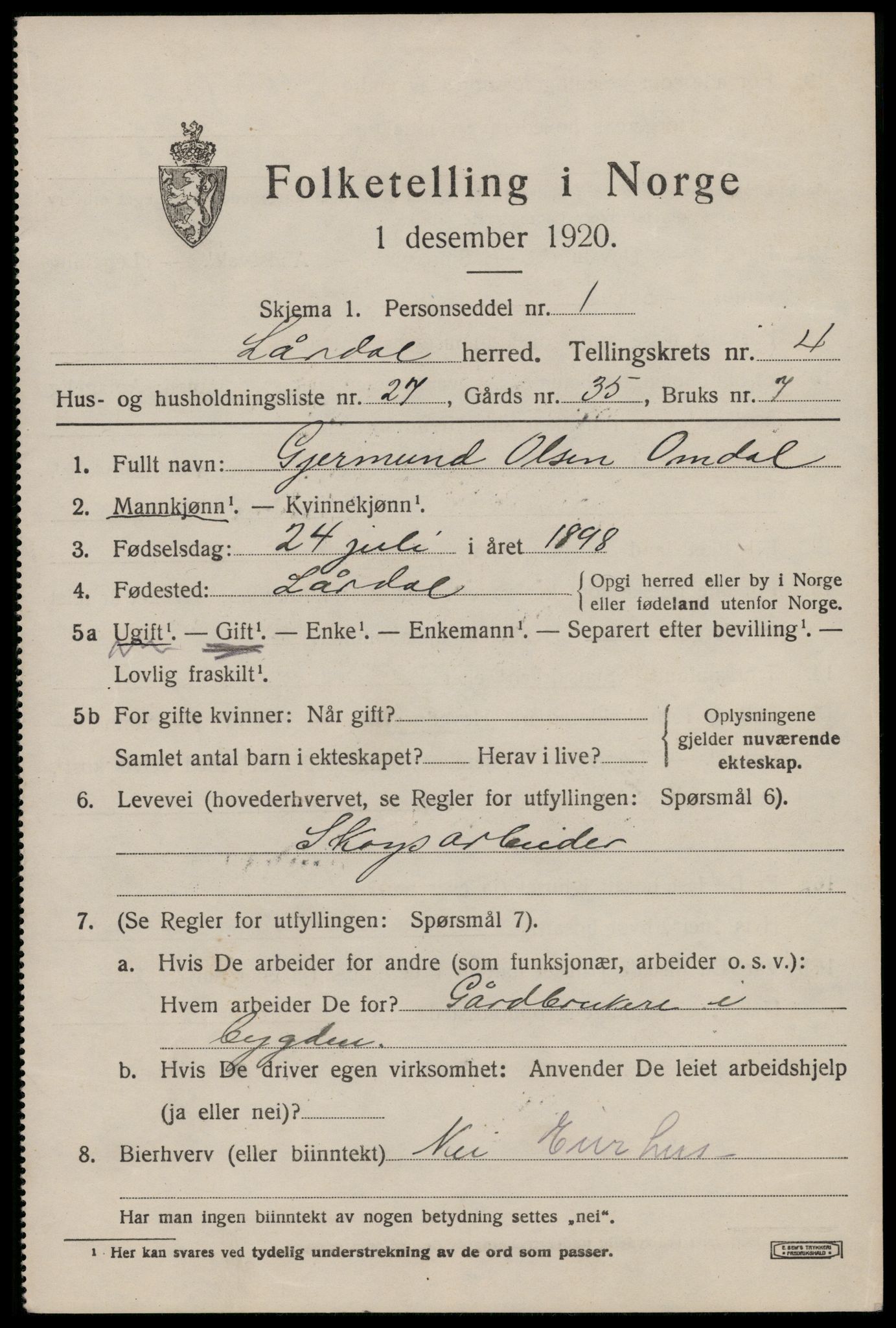 SAKO, 1920 census for Lårdal, 1920, p. 2391