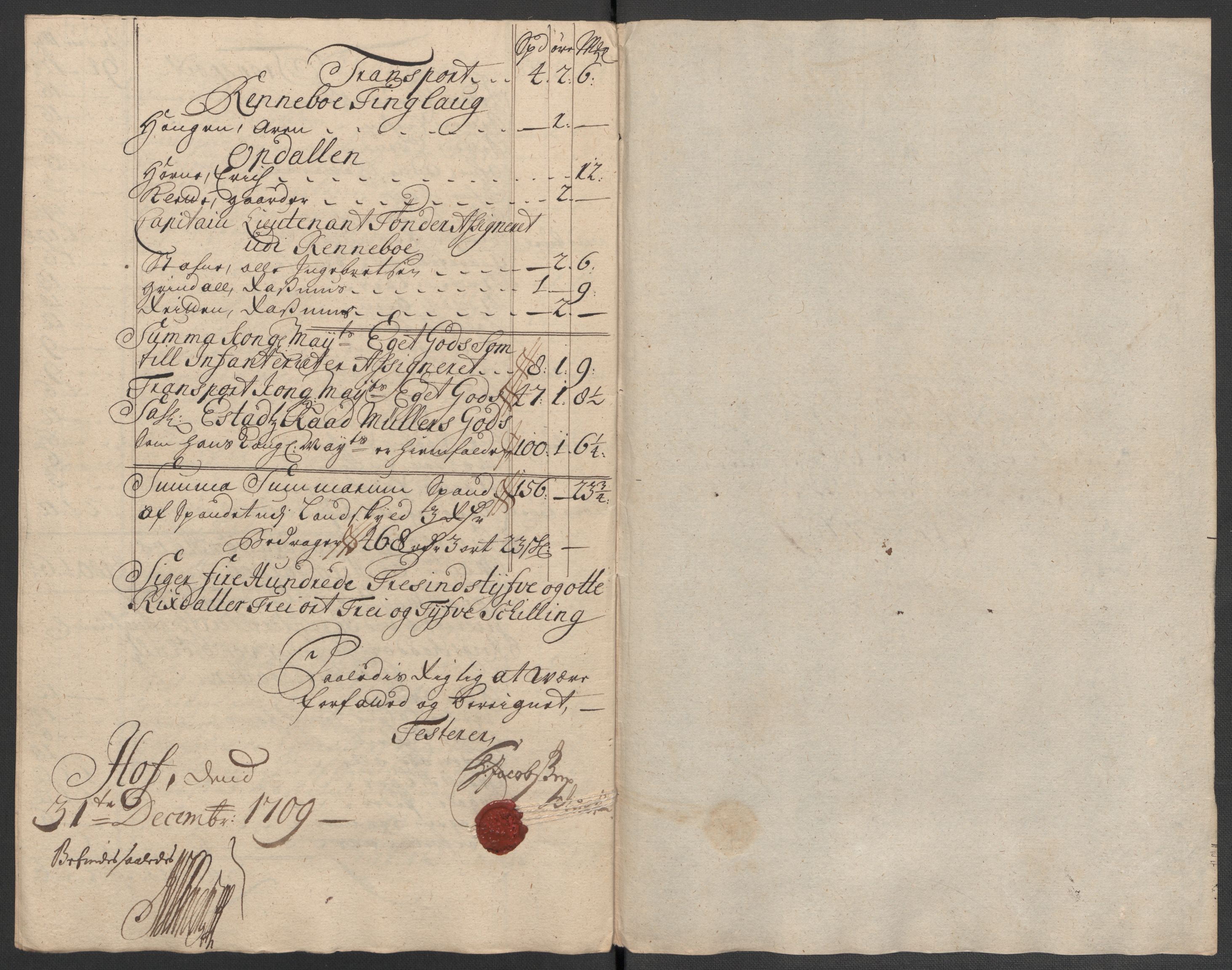 Rentekammeret inntil 1814, Reviderte regnskaper, Fogderegnskap, RA/EA-4092/R60/L3959: Fogderegnskap Orkdal og Gauldal, 1709, p. 172