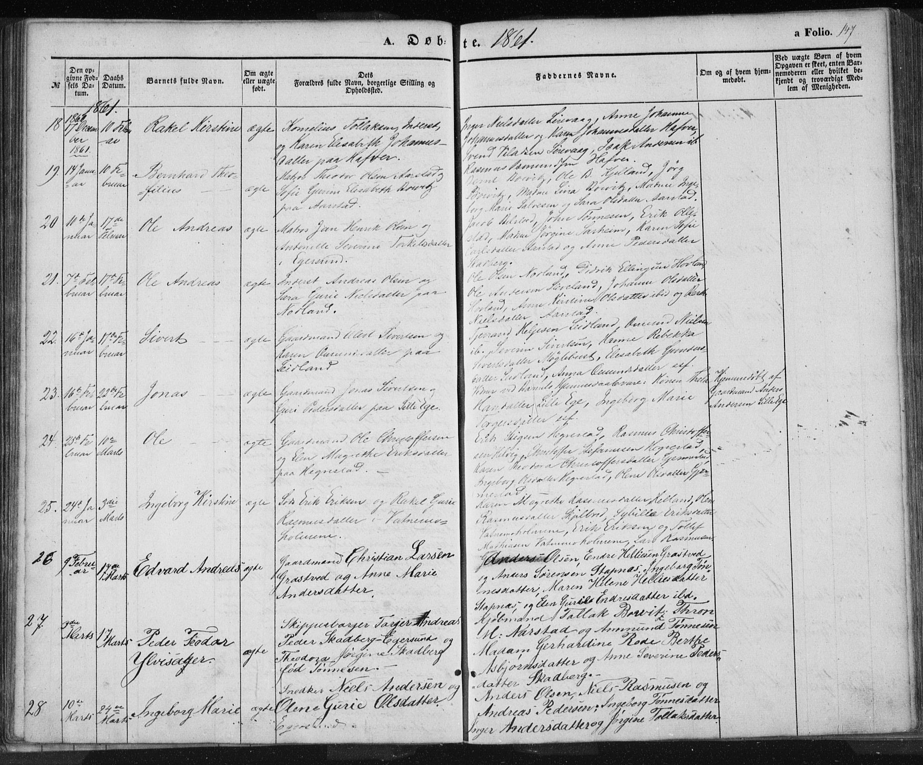 Eigersund sokneprestkontor, AV/SAST-A-101807/S08/L0012: Parish register (official) no. A 12.1, 1850-1865, p. 147