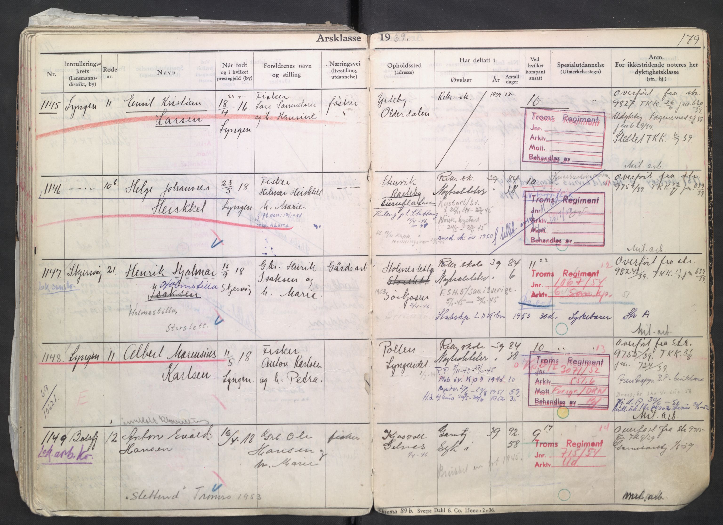 Forsvaret, Troms infanteriregiment nr. 16, AV/RA-RAFA-3146/P/Pa/L0007/0004: Ruller / Rulle for regimentets menige mannskaper, årsklasse 1939, 1939, p. 179