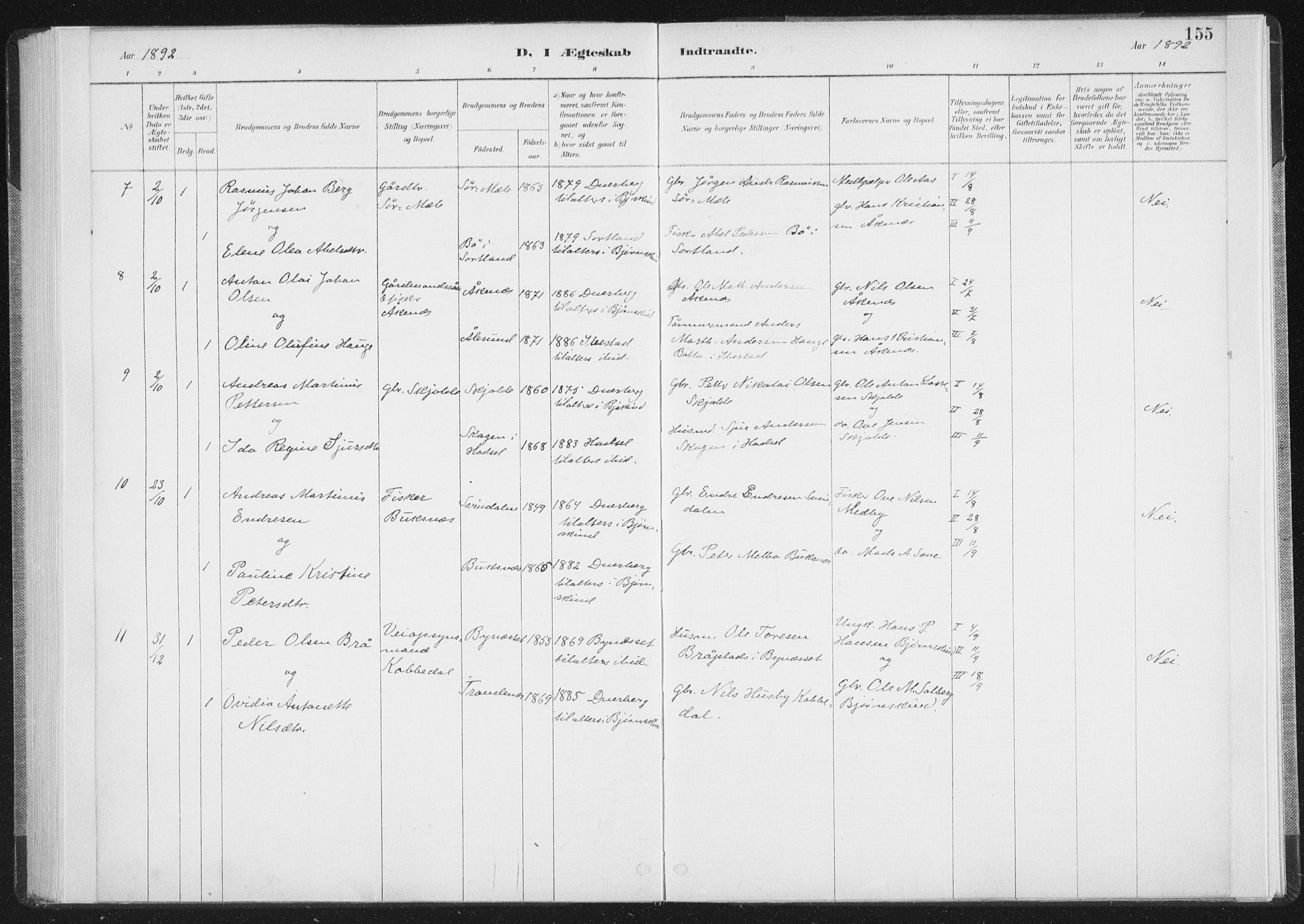 Ministerialprotokoller, klokkerbøker og fødselsregistre - Nordland, AV/SAT-A-1459/898/L1422: Parish register (official) no. 898A02, 1887-1908, p. 155