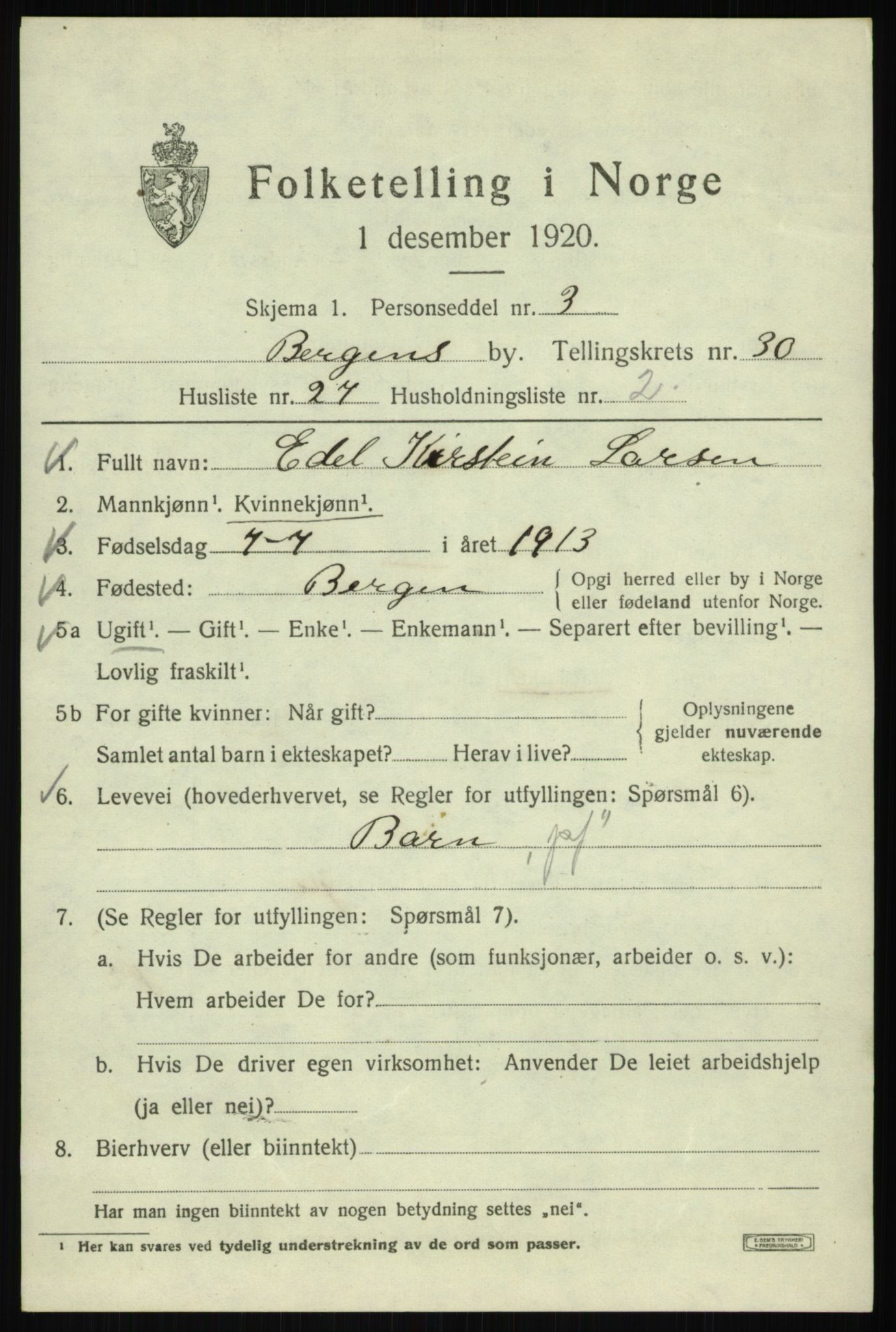 SAB, 1920 census for Bergen, 1920, p. 95824