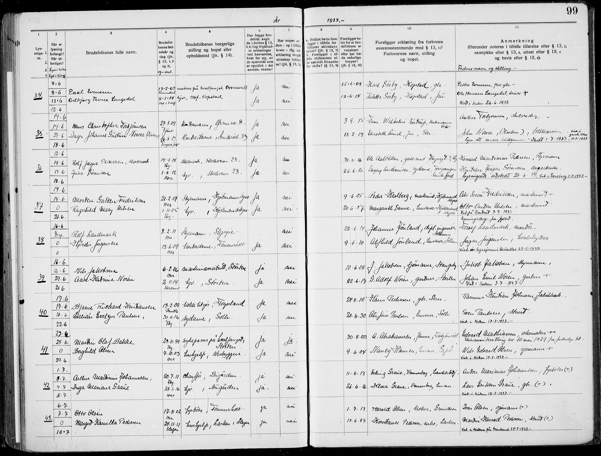 Nøtterøy kirkebøker, AV/SAKO-A-354/H/Ha/L0001: Banns register no. 1, 1919-1937, p. 99