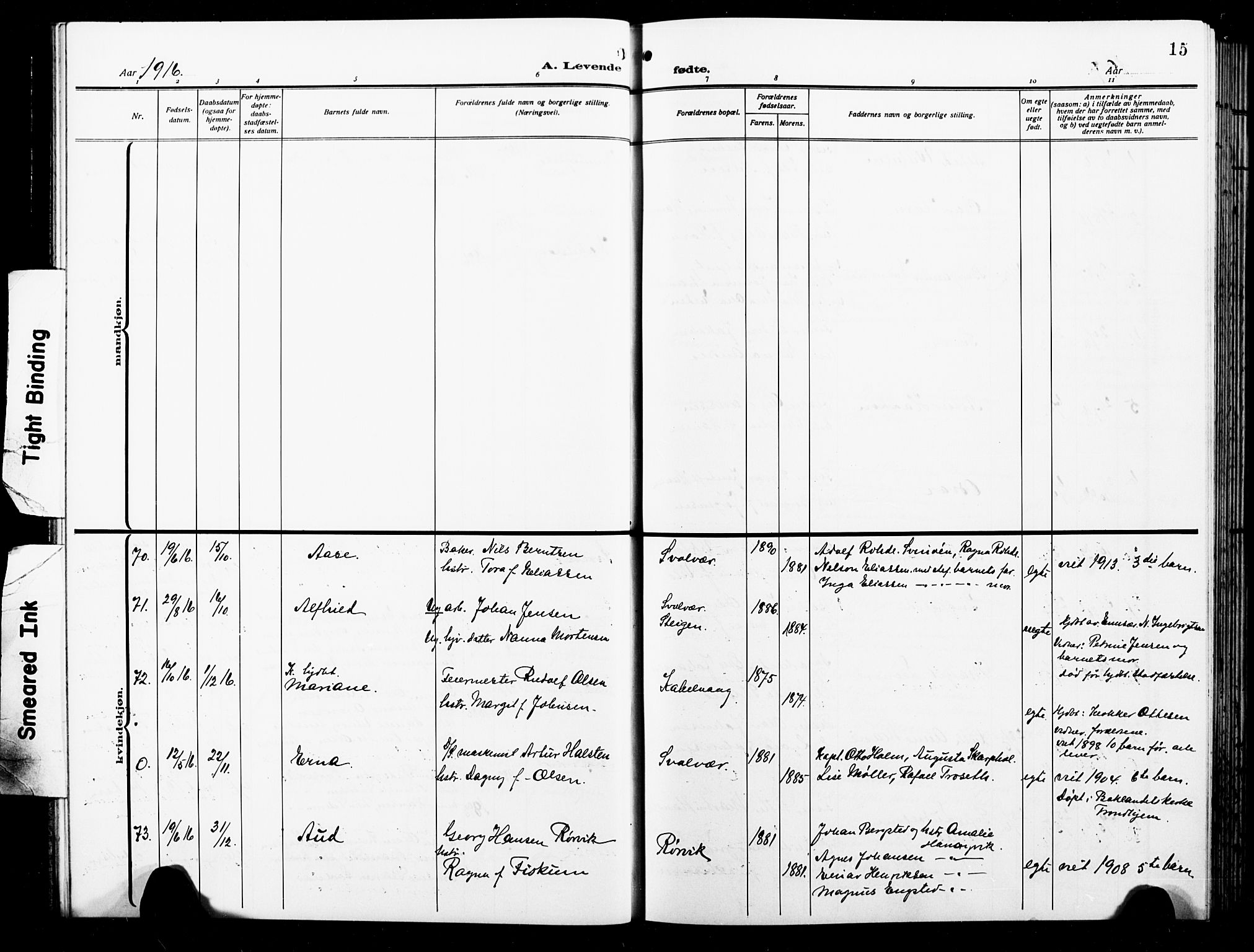 Ministerialprotokoller, klokkerbøker og fødselsregistre - Nordland, AV/SAT-A-1459/874/L1080: Parish register (copy) no. 874C09, 1915-1925, p. 15