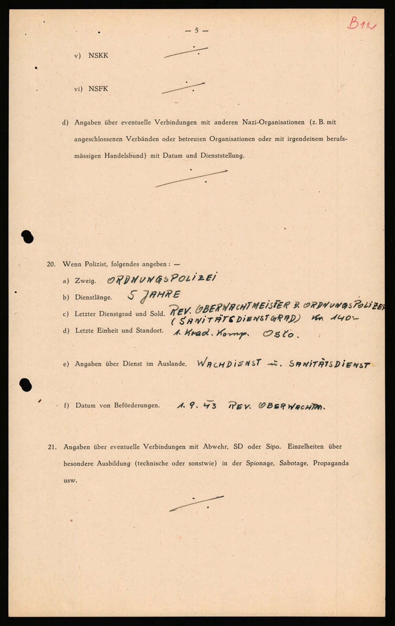 Forsvaret, Forsvarets overkommando II, RA/RAFA-3915/D/Db/L0038: CI Questionaires. Tyske okkupasjonsstyrker i Norge. Østerrikere., 1945-1946, p. 119