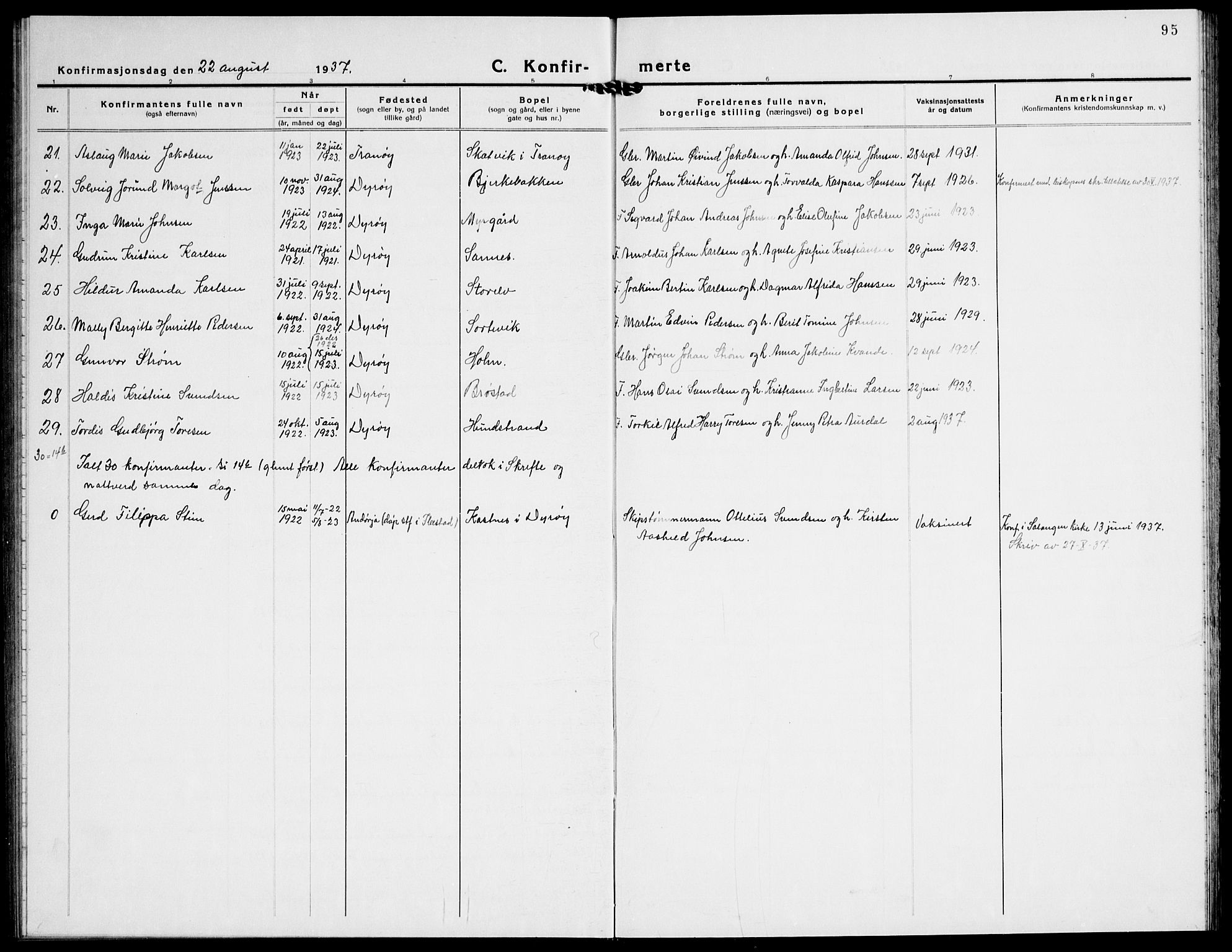 Tranøy sokneprestkontor, AV/SATØ-S-1313/I/Ia/Iab/L0016klokker: Parish register (copy) no. 16, 1930-1945, p. 95