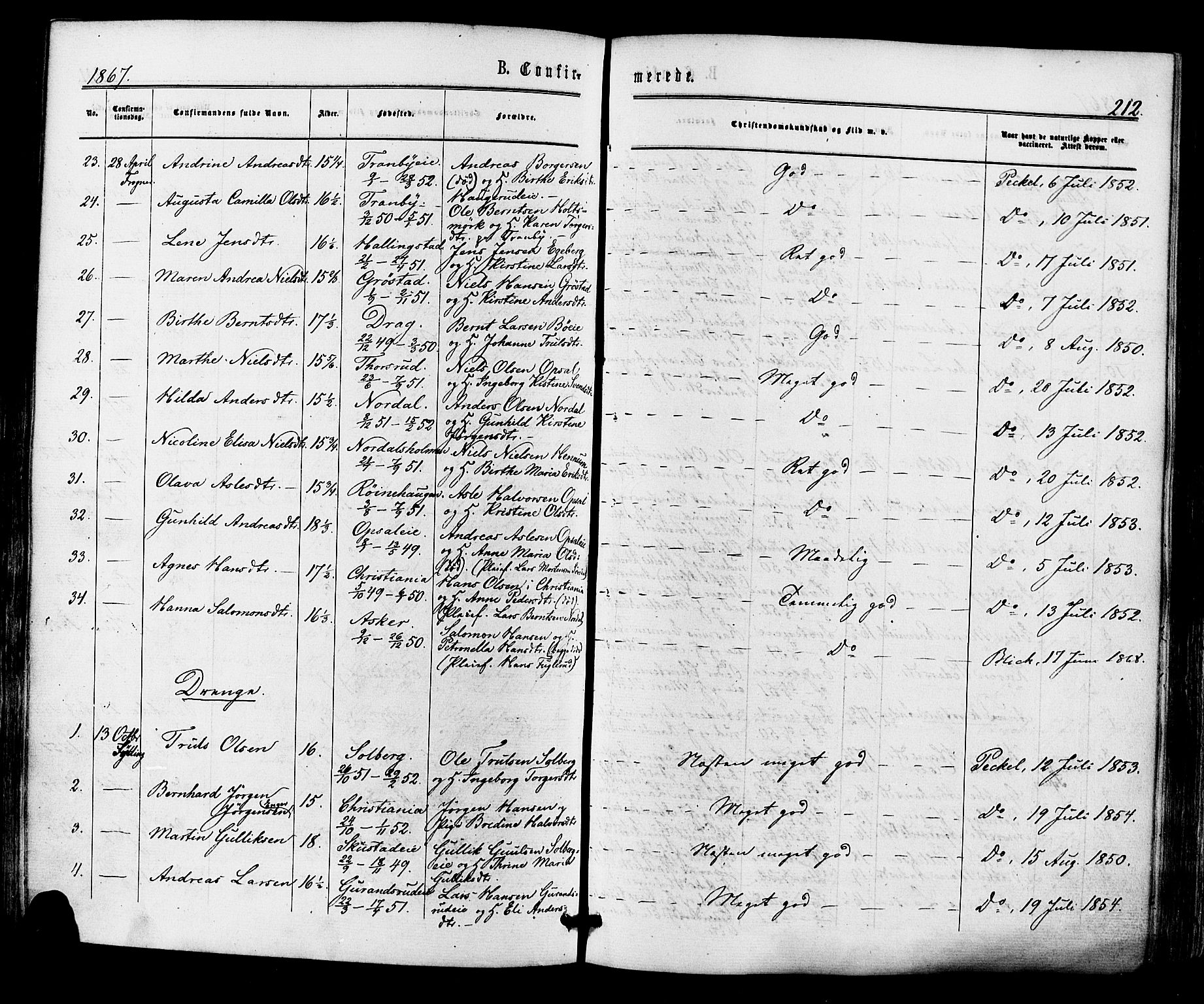 Lier kirkebøker, AV/SAKO-A-230/F/Fa/L0013: Parish register (official) no. I 13, 1865-1874, p. 212