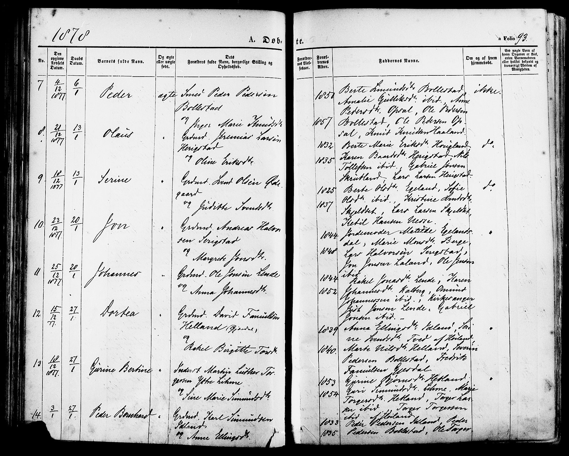 Lye sokneprestkontor, SAST/A-101794/001/30BA/L0008: Parish register (official) no. A 7, 1872-1881, p. 93
