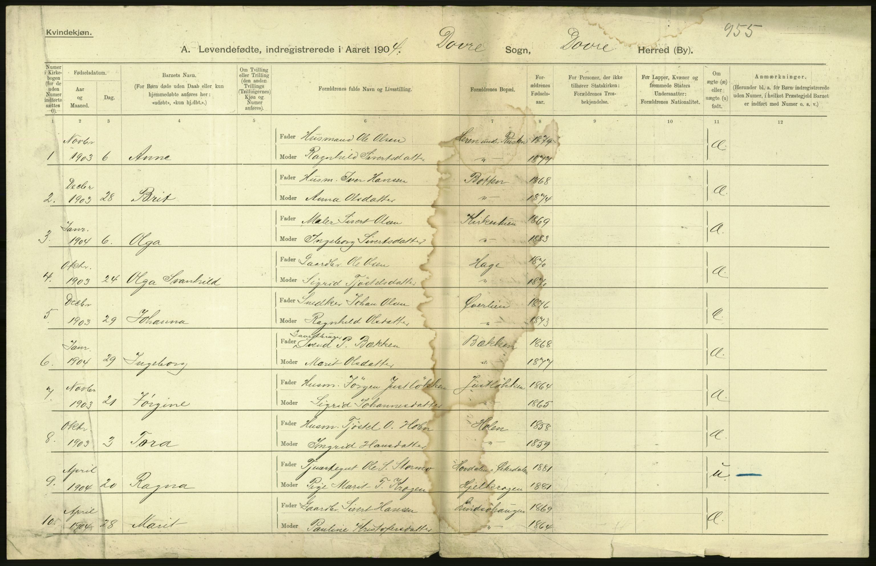 Statistisk sentralbyrå, Sosiodemografiske emner, Befolkning, AV/RA-S-2228/D/Df/Dfa/Dfab/L0006: Kristians amt: Fødte, gifte, døde, 1904, p. 4