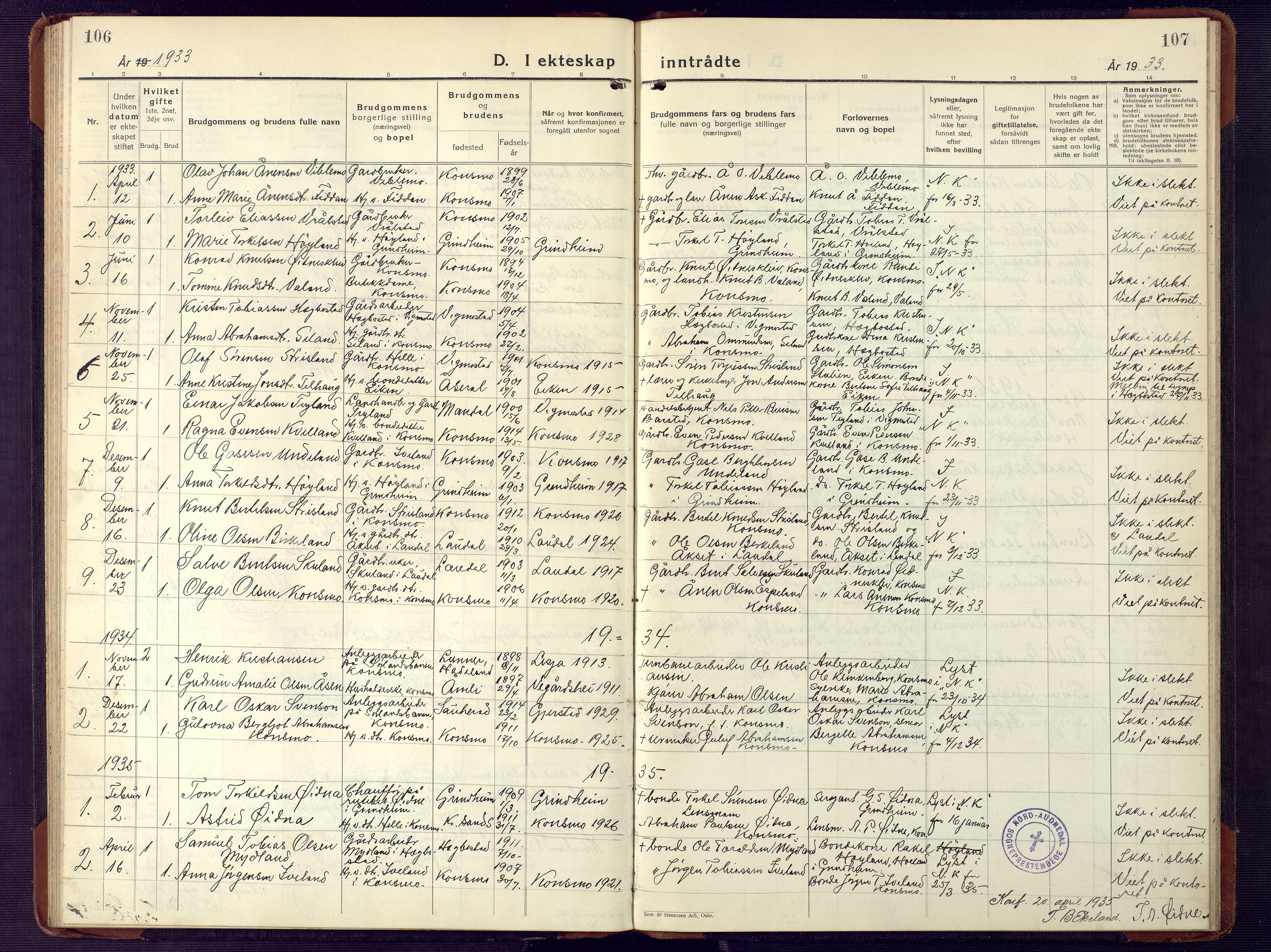 Nord-Audnedal sokneprestkontor, SAK/1111-0032/F/Fb/Fba/L0006: Parish register (copy) no. B 6, 1929-1946, p. 106-107