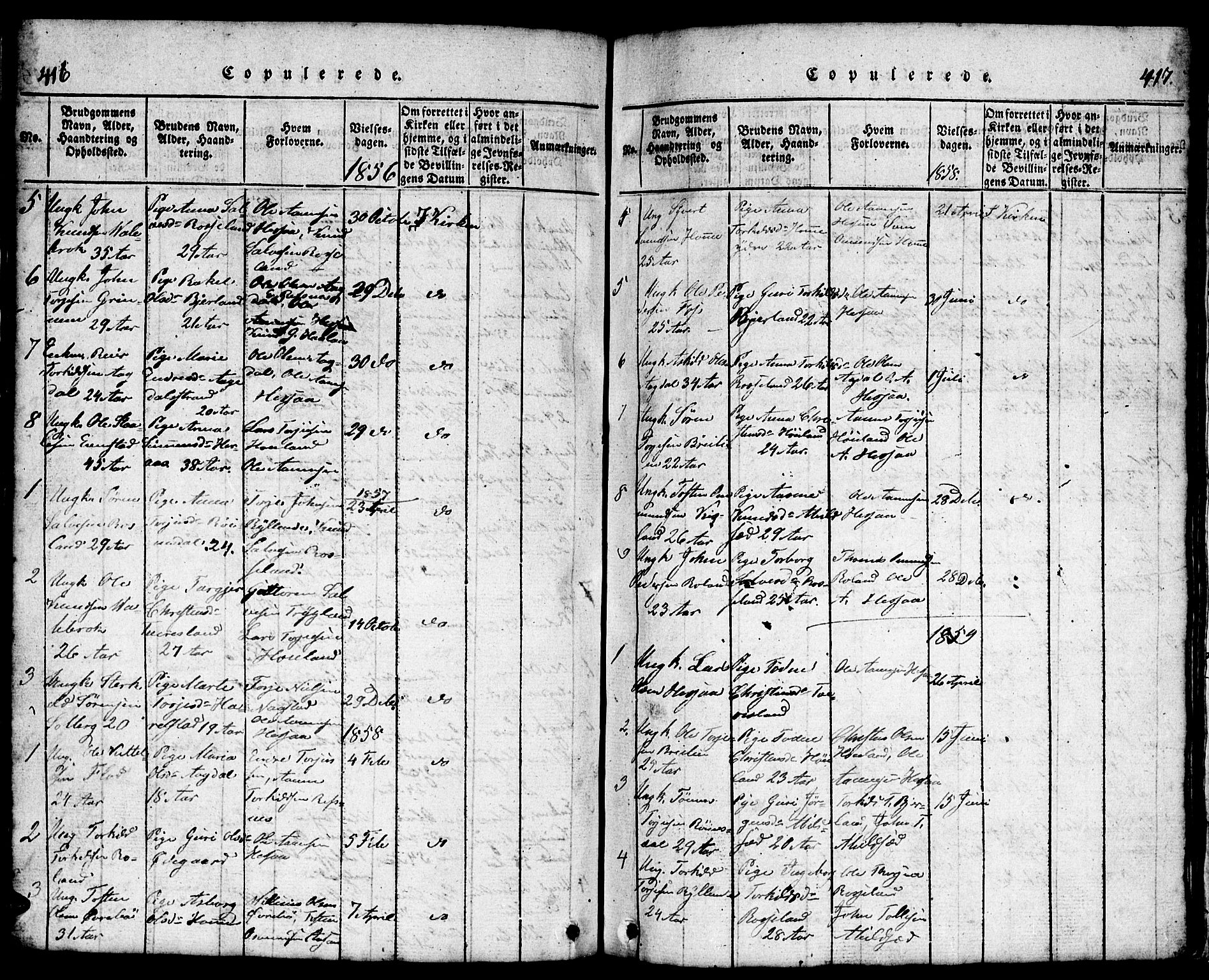 Bjelland sokneprestkontor, SAK/1111-0005/F/Fb/Fba/L0003: Parish register (copy) no. B 3, 1816-1870, p. 416-417