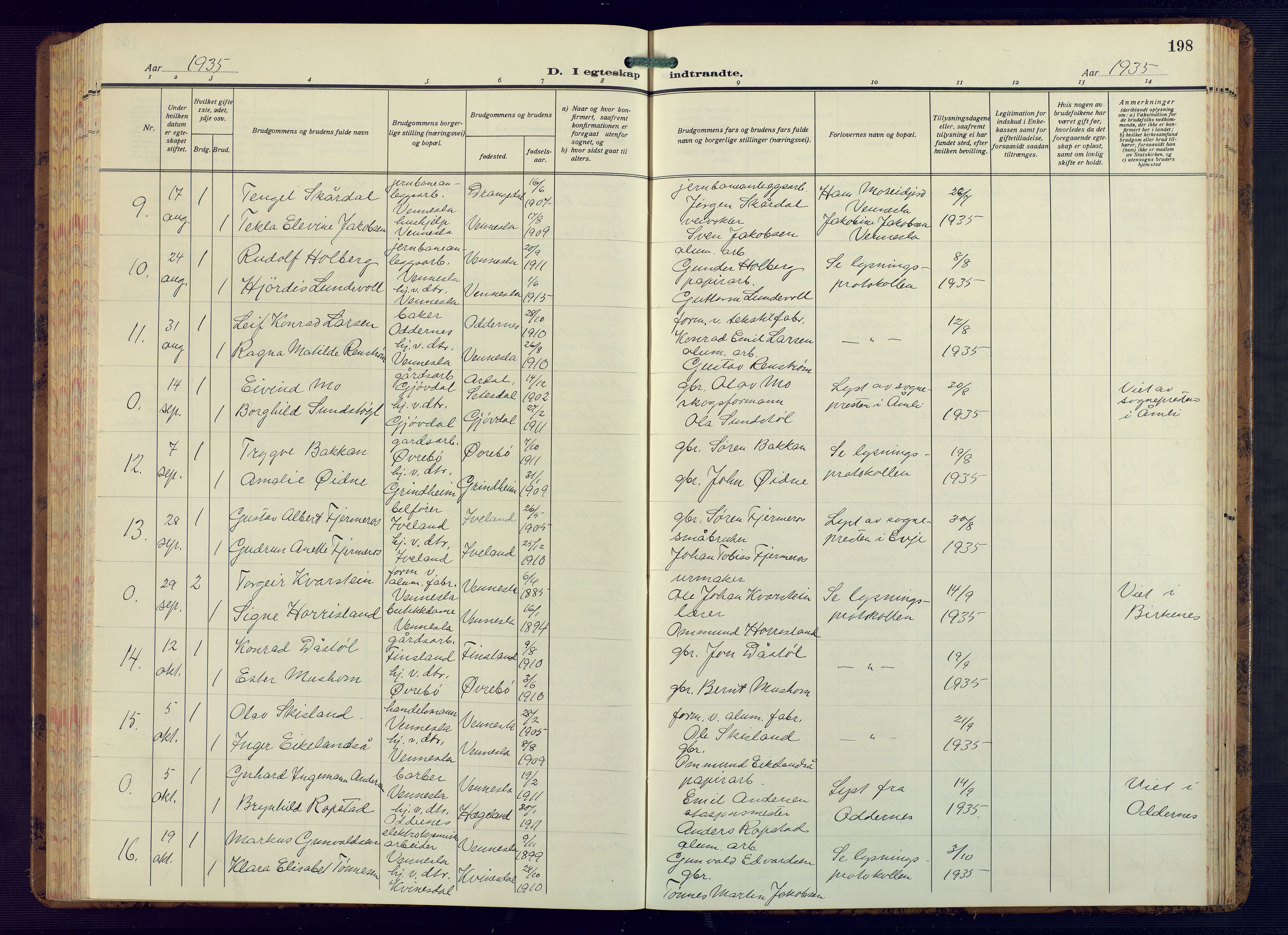 Vennesla sokneprestkontor, AV/SAK-1111-0045/Fb/Fbb/L0008: Parish register (copy) no. B 8, 1934-1947, p. 198