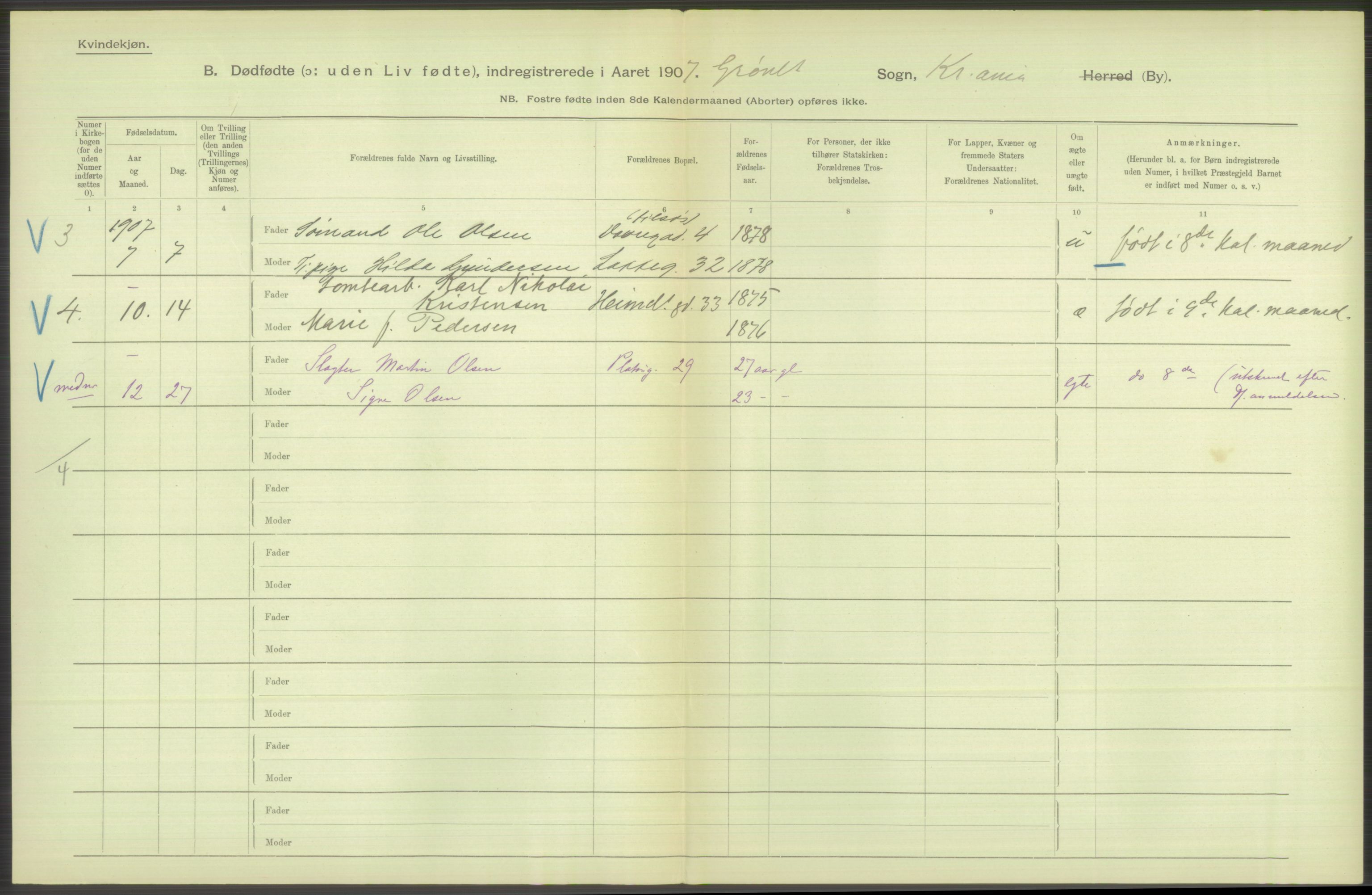 Statistisk sentralbyrå, Sosiodemografiske emner, Befolkning, RA/S-2228/D/Df/Dfa/Dfae/L0010: Kristiania: Døde, dødfødte, 1907, p. 164