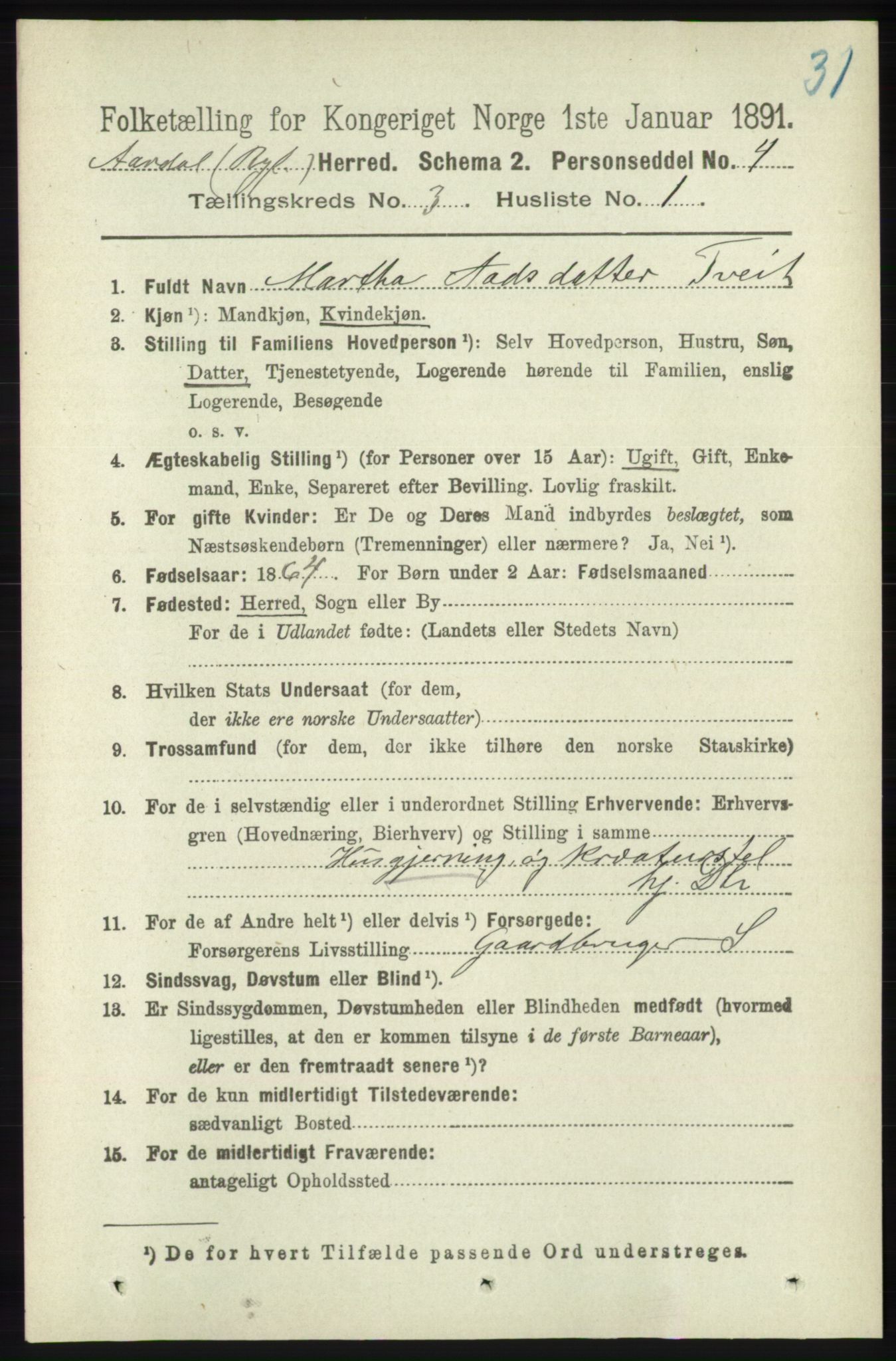 RA, 1891 census for 1131 Årdal, 1891, p. 827