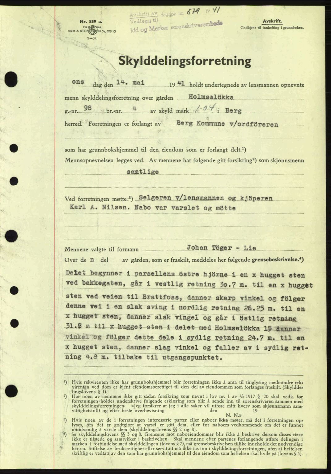 Idd og Marker sorenskriveri, AV/SAO-A-10283/G/Gb/Gbb/L0004: Mortgage book no. A4, 1940-1941, Diary no: : 579/1941