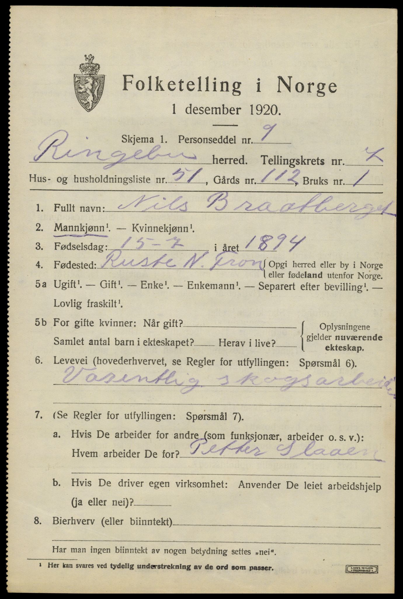 SAH, 1920 census for Ringebu, 1920, p. 8003