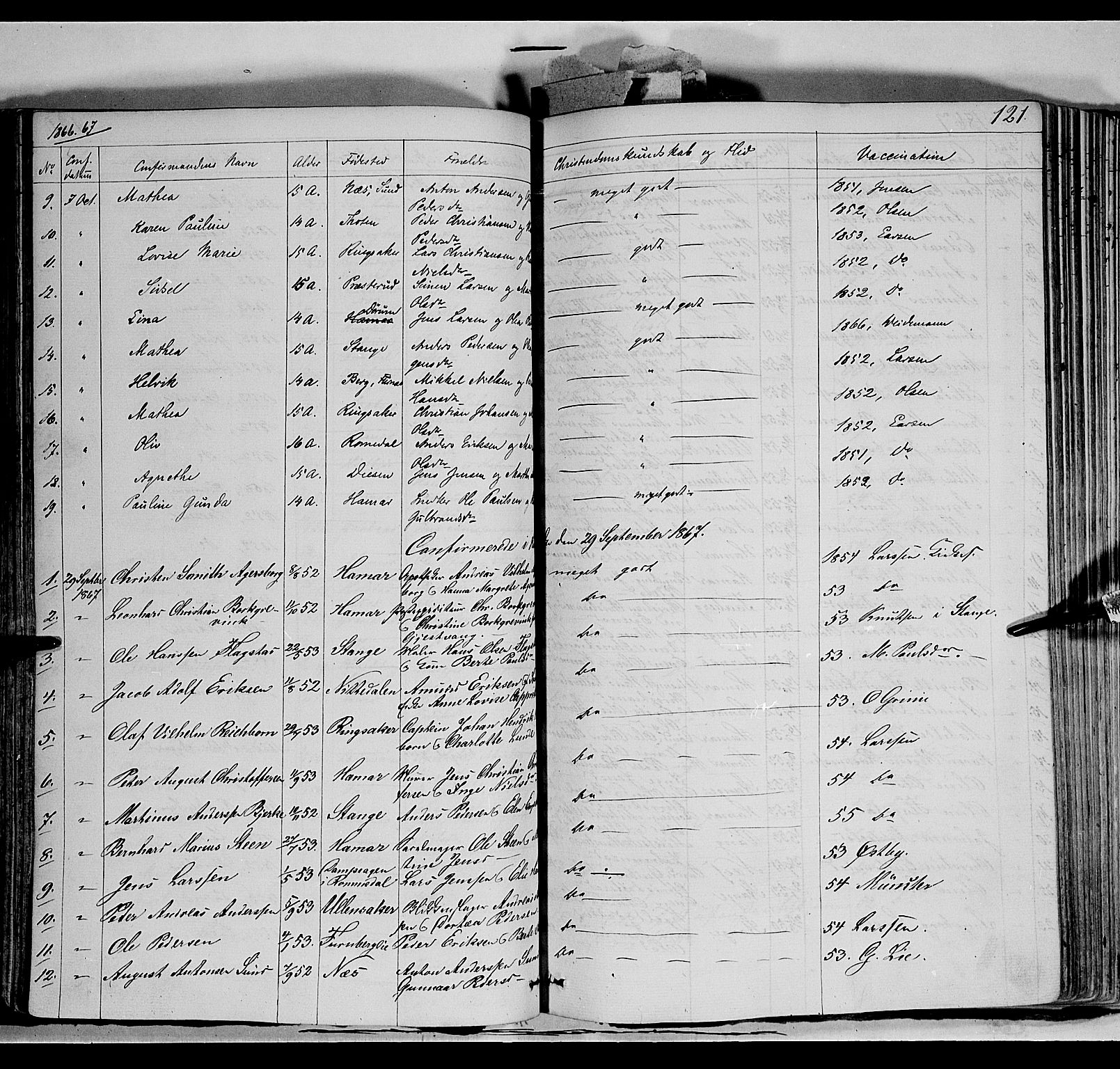 Vang prestekontor, Hedmark, SAH/PREST-008/H/Ha/Haa/L0011: Parish register (official) no. 11, 1852-1877, p. 121