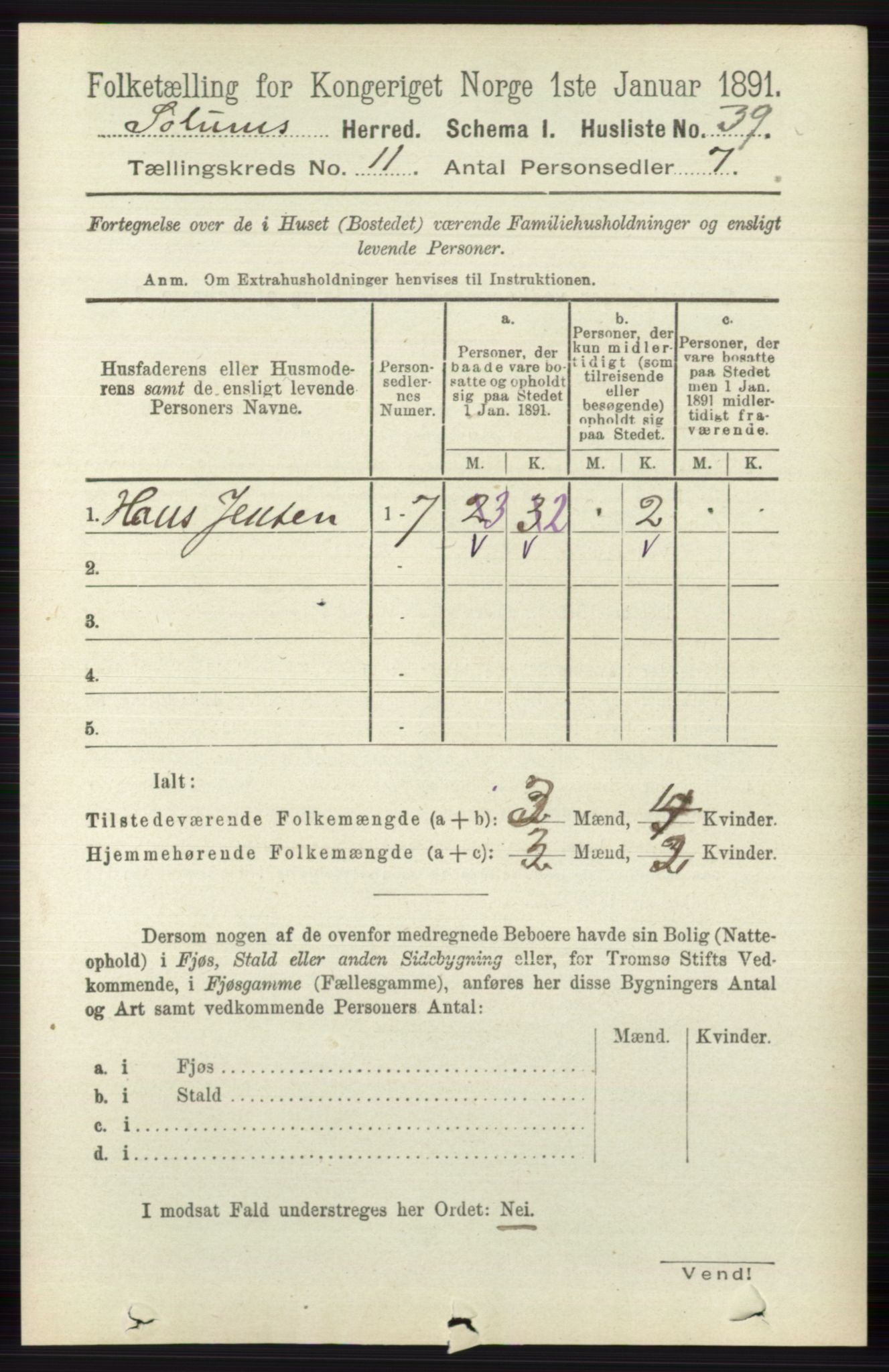 RA, 1891 census for 0818 Solum, 1891, p. 5276