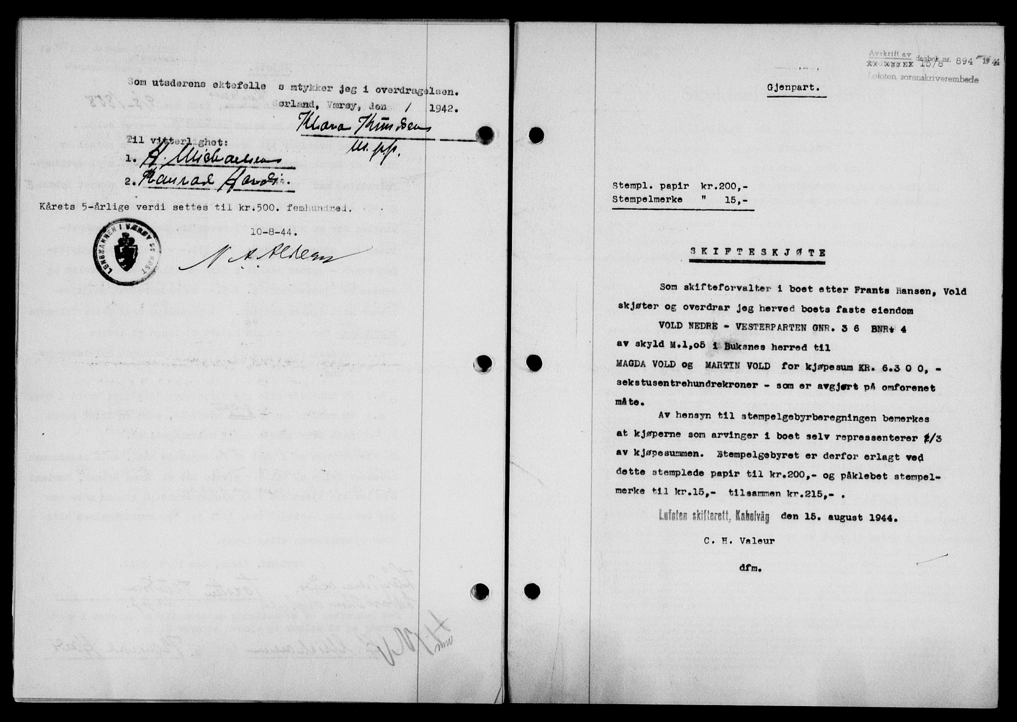 Lofoten sorenskriveri, SAT/A-0017/1/2/2C/L0012a: Mortgage book no. 12a, 1943-1944, Diary no: : 894/1944