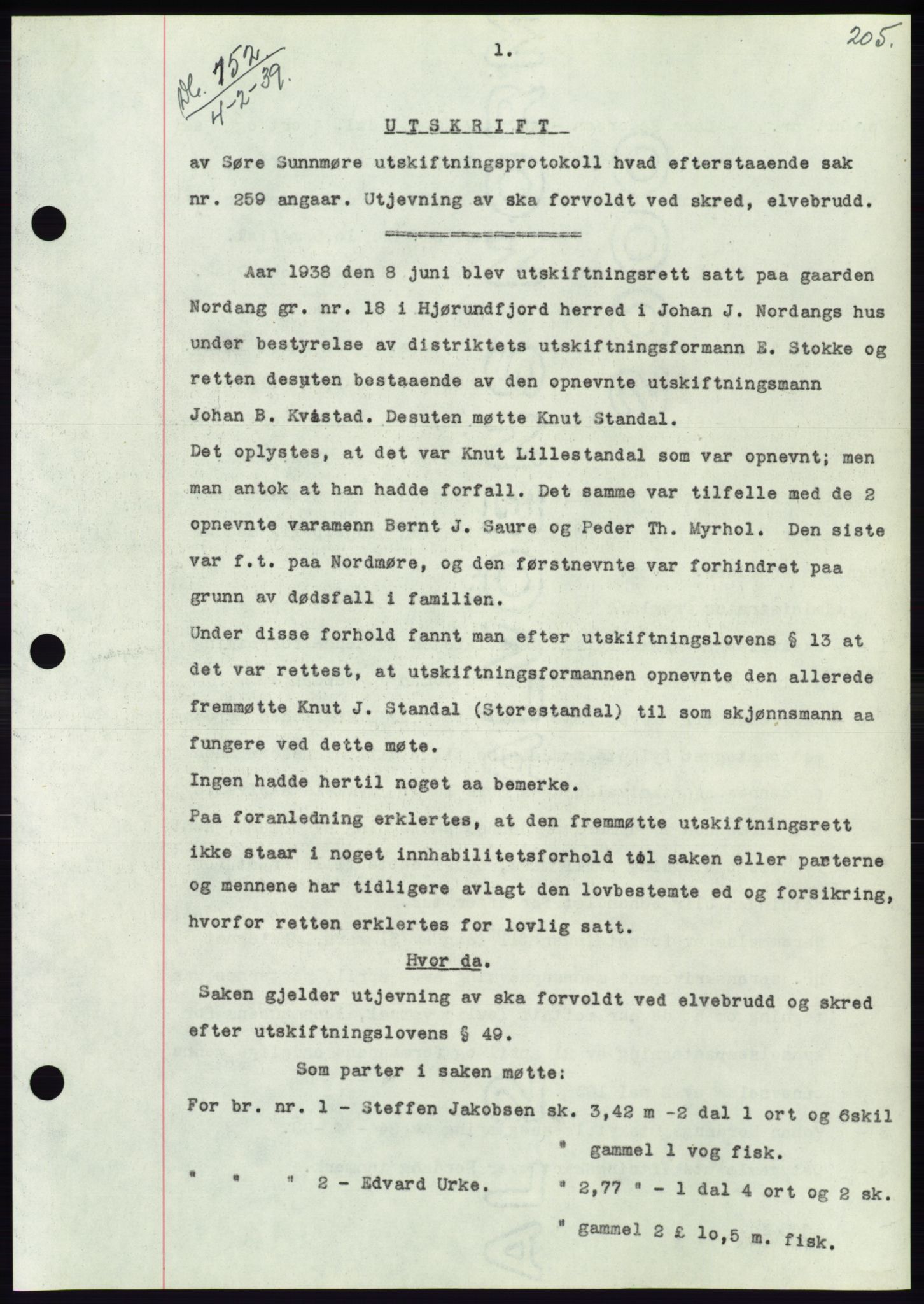 Søre Sunnmøre sorenskriveri, AV/SAT-A-4122/1/2/2C/L0067: Mortgage book no. 61, 1938-1939, Diary no: : 152/1939