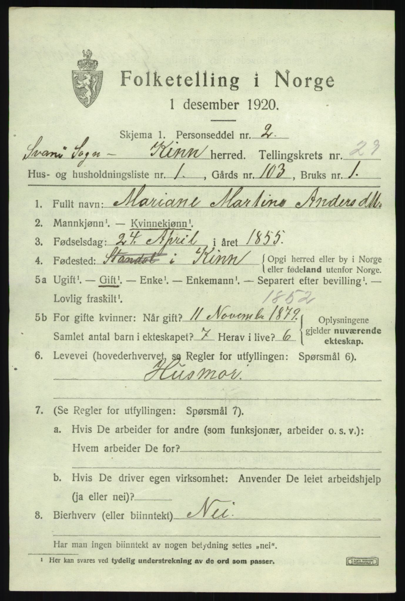 SAB, 1920 census for Kinn, 1920, p. 9851