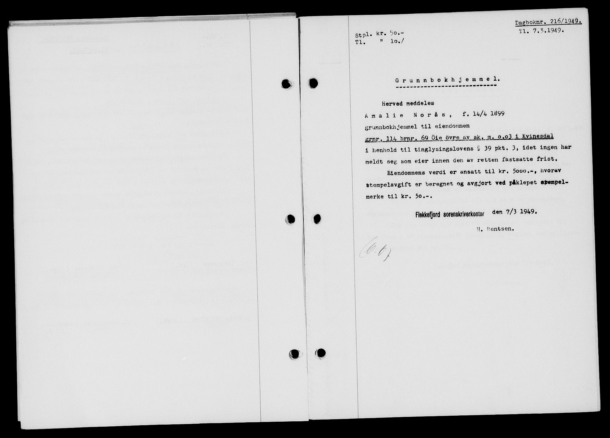 Flekkefjord sorenskriveri, SAK/1221-0001/G/Gb/Gba/L0064: Mortgage book no. A-12, 1948-1949, Diary no: : 216/1949