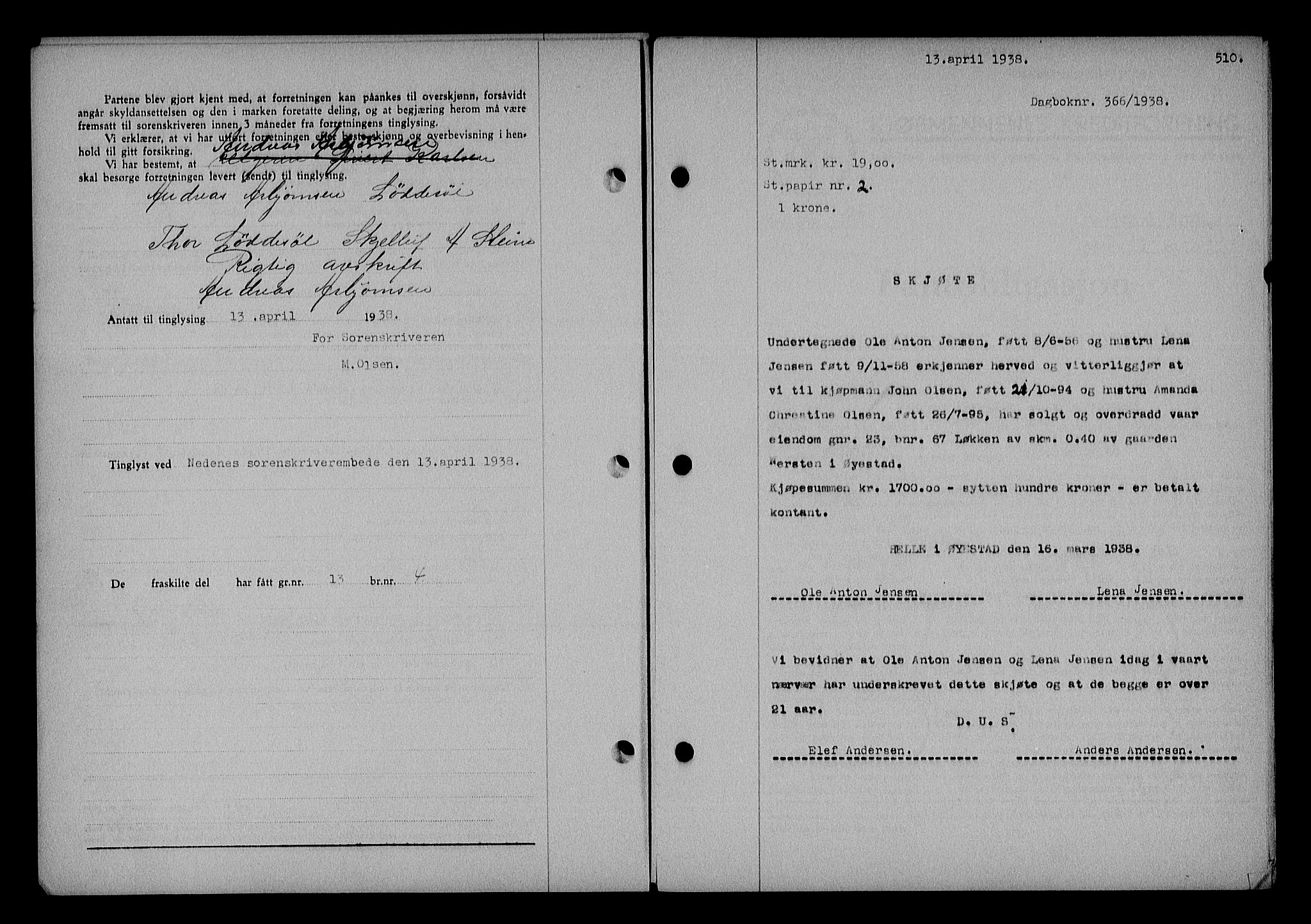 Nedenes sorenskriveri, SAK/1221-0006/G/Gb/Gba/L0044: Mortgage book no. 40, 1937-1938, Diary no: : 366/1938